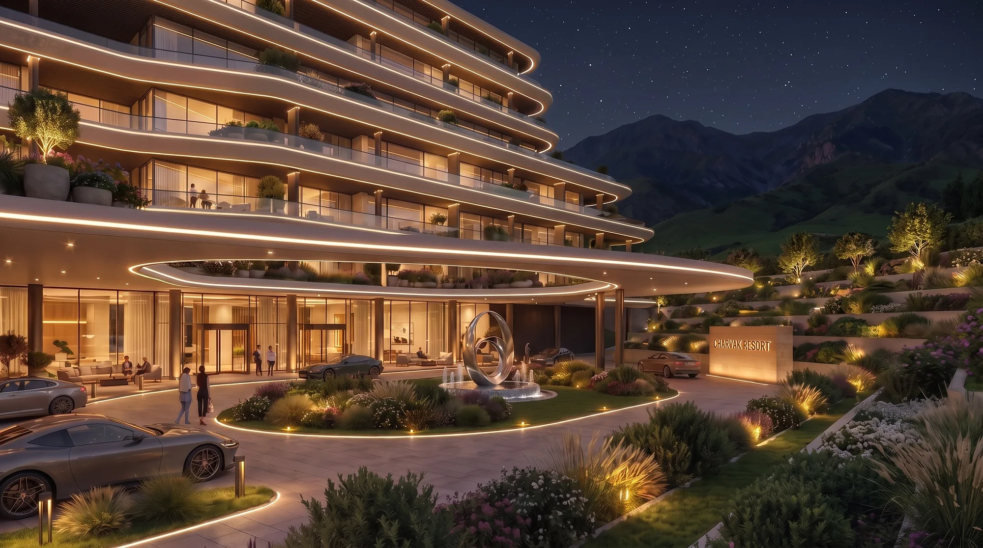 Charvak Resort at night from the arrival side: lit landscaping beneath the curved volume