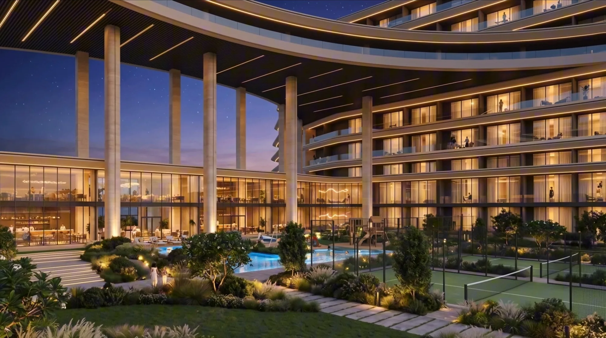 The courtyard with the pool and sports courts