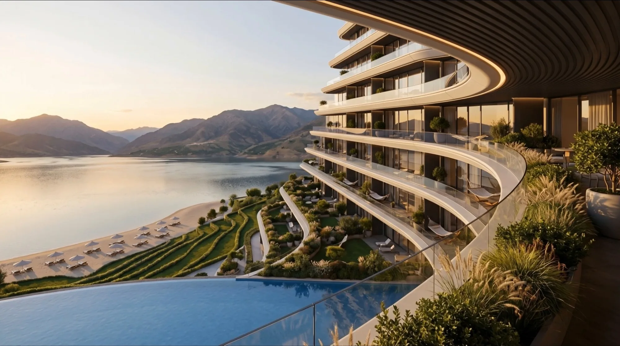 The curved volume of Charvak Resort above the beach: loungers, the pool and the reservoir