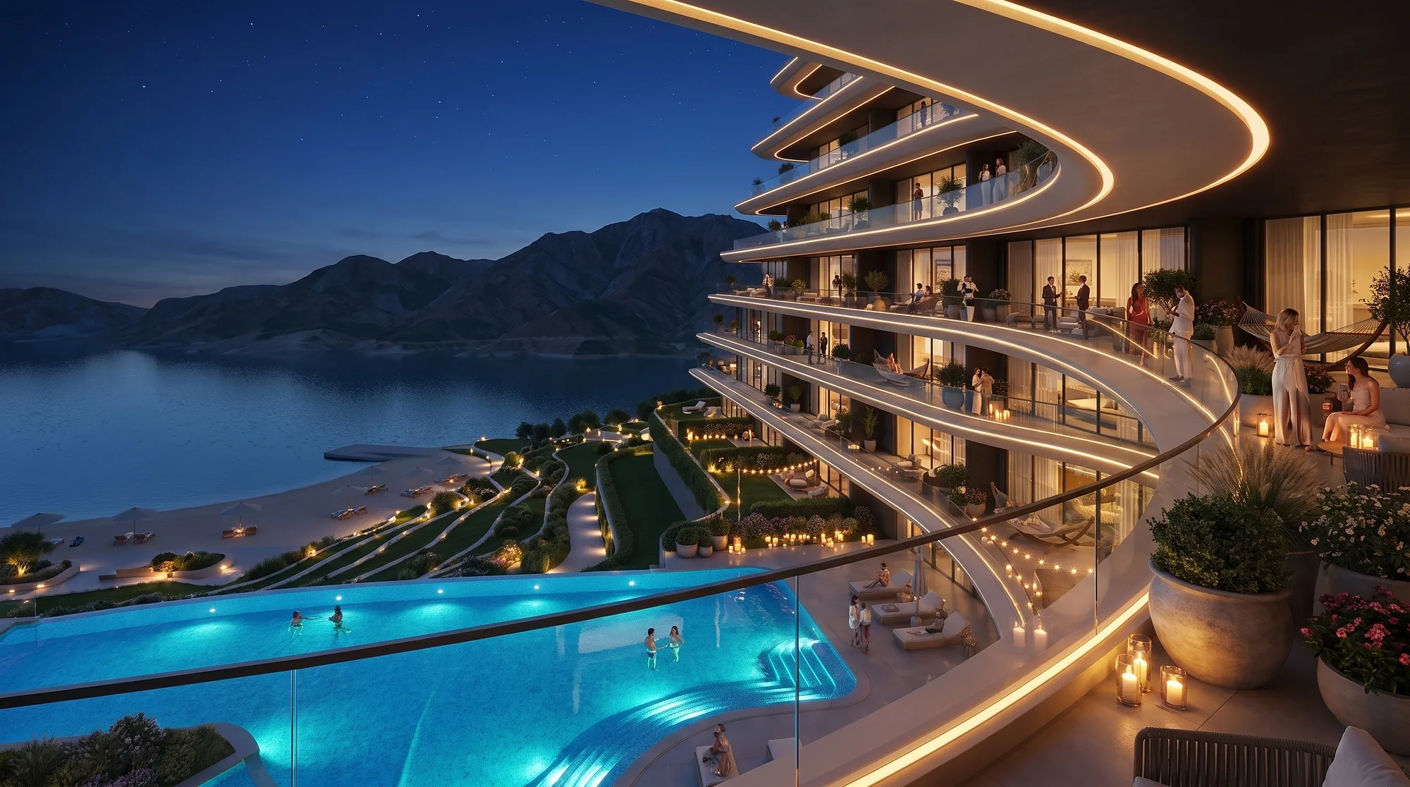 A terrace pool looking to the water and the mountains