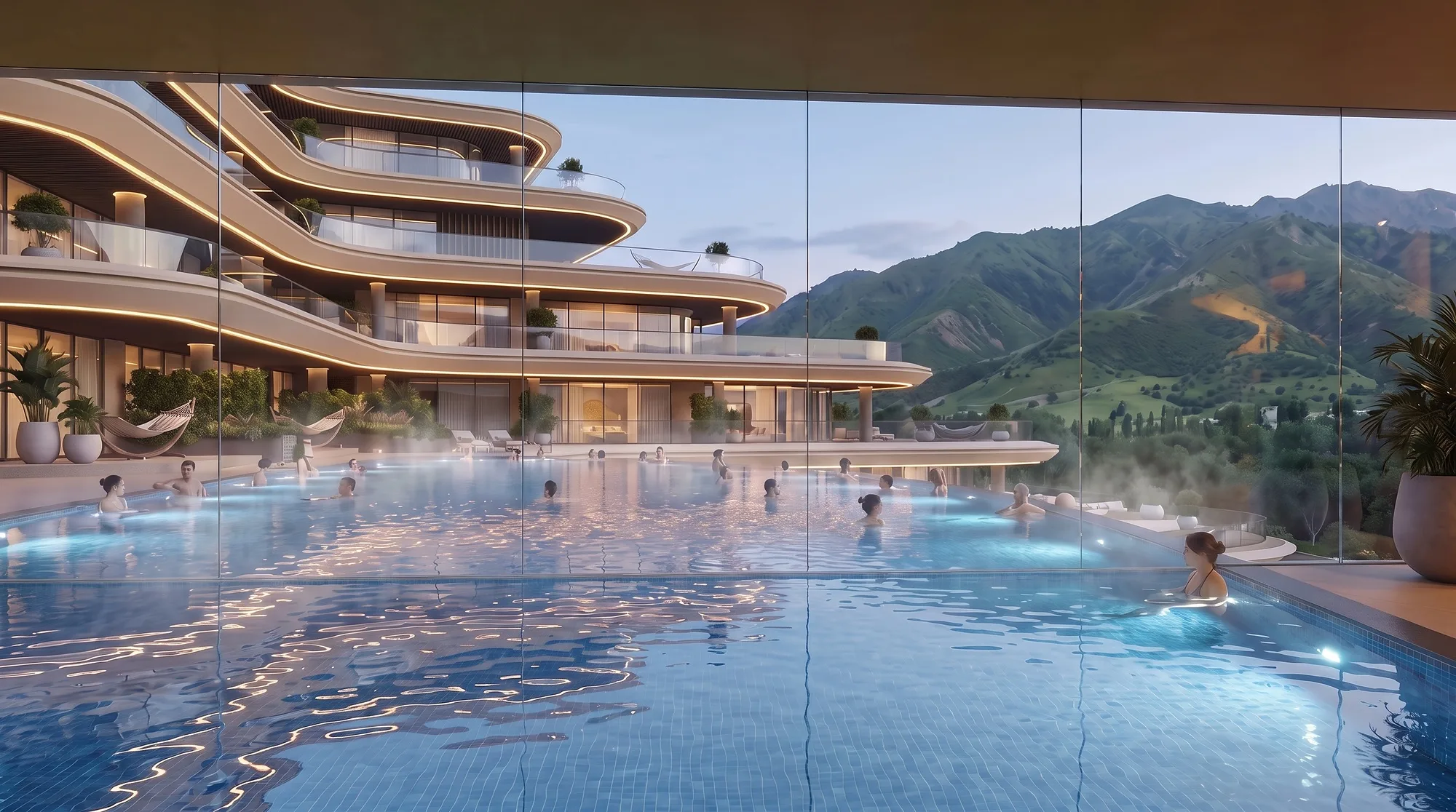 The poolside seating in the evening
