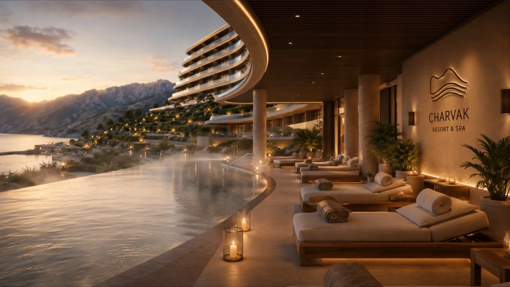 The spa area with loungers by the water