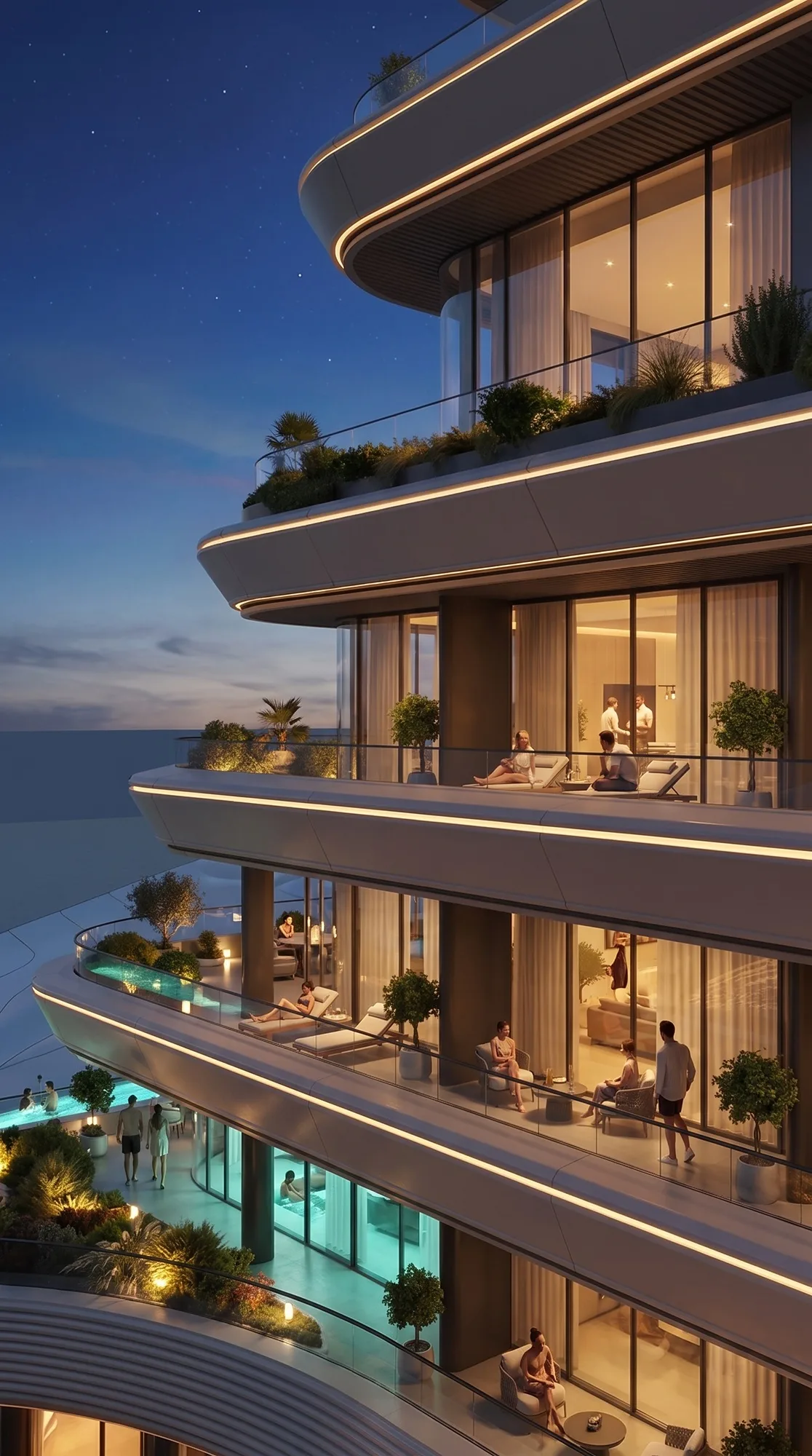 The facade of the Charvak resort: tiered balconies and pools above the reservoir