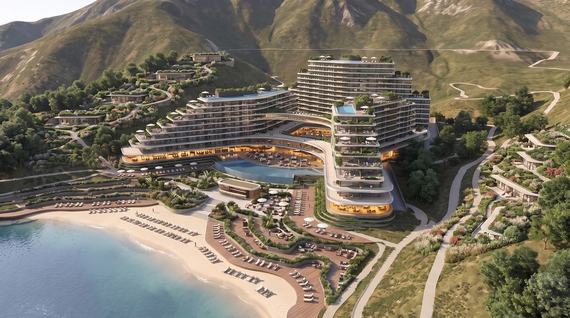 Charvak Resort from above: the curved building over the bay of the Charvak reservoir, the beach and the terraces — mountain resort in Uzbekistan, project by SAD studio