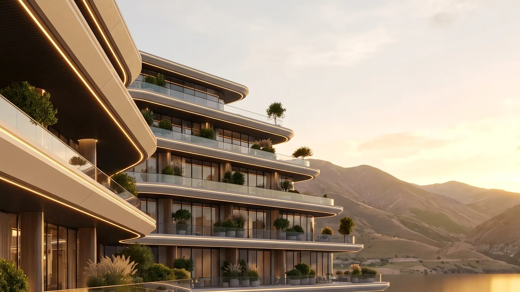 The Charvak resort complex: the curved facade and mountains at sunset