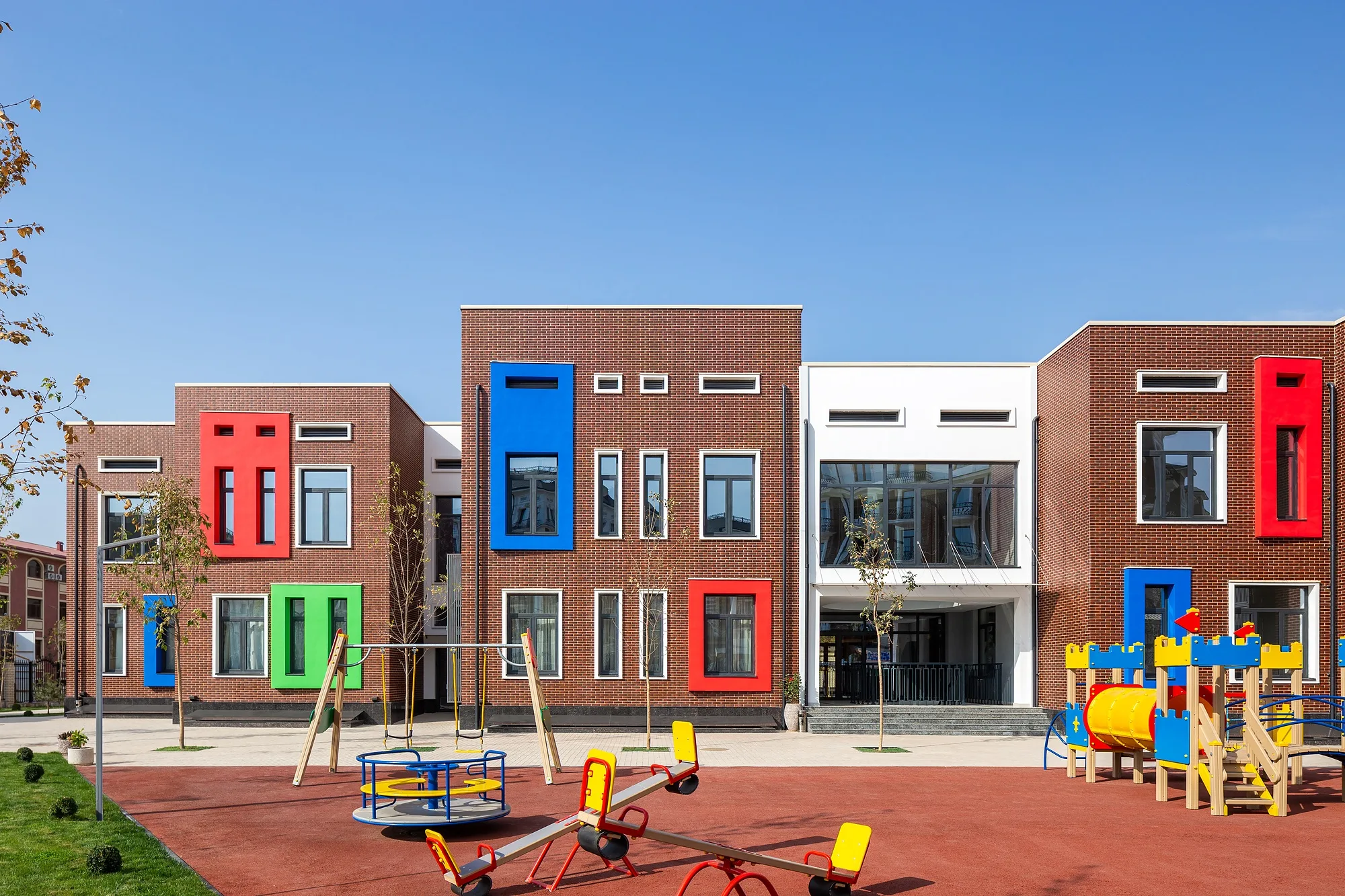 The school elevation from the courtyard and playground