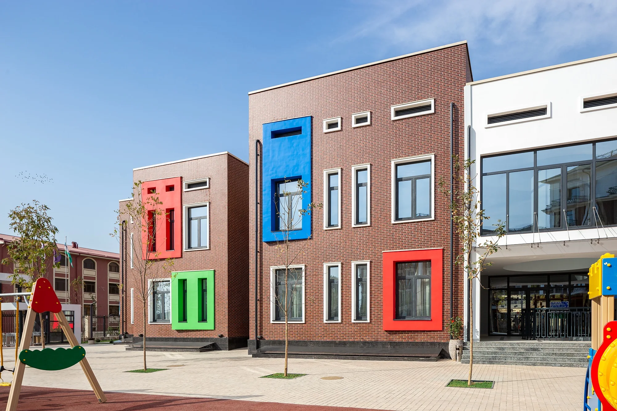 The main elevation with its coloured window surrounds