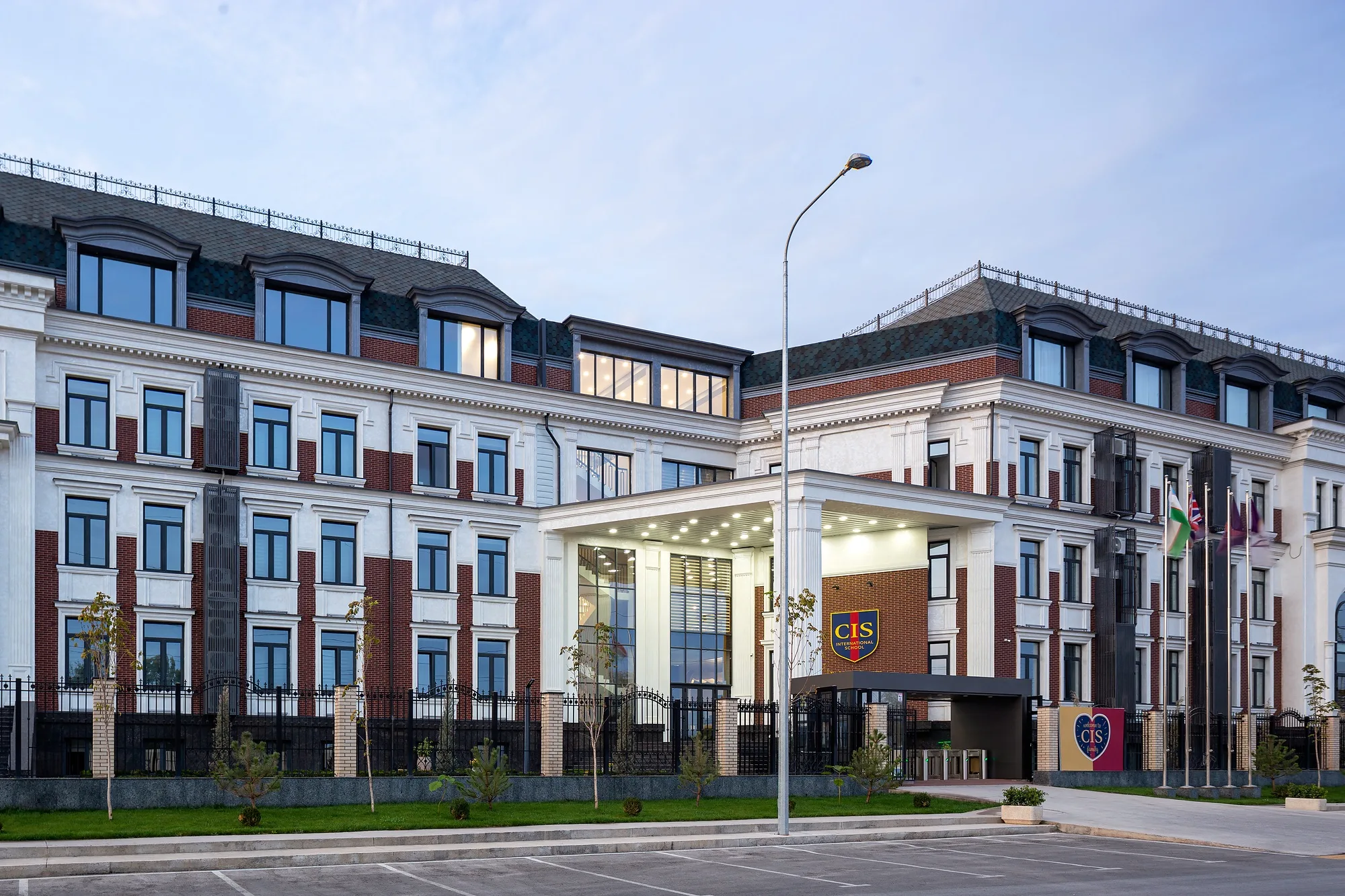 The school in evening light, seen from the corner