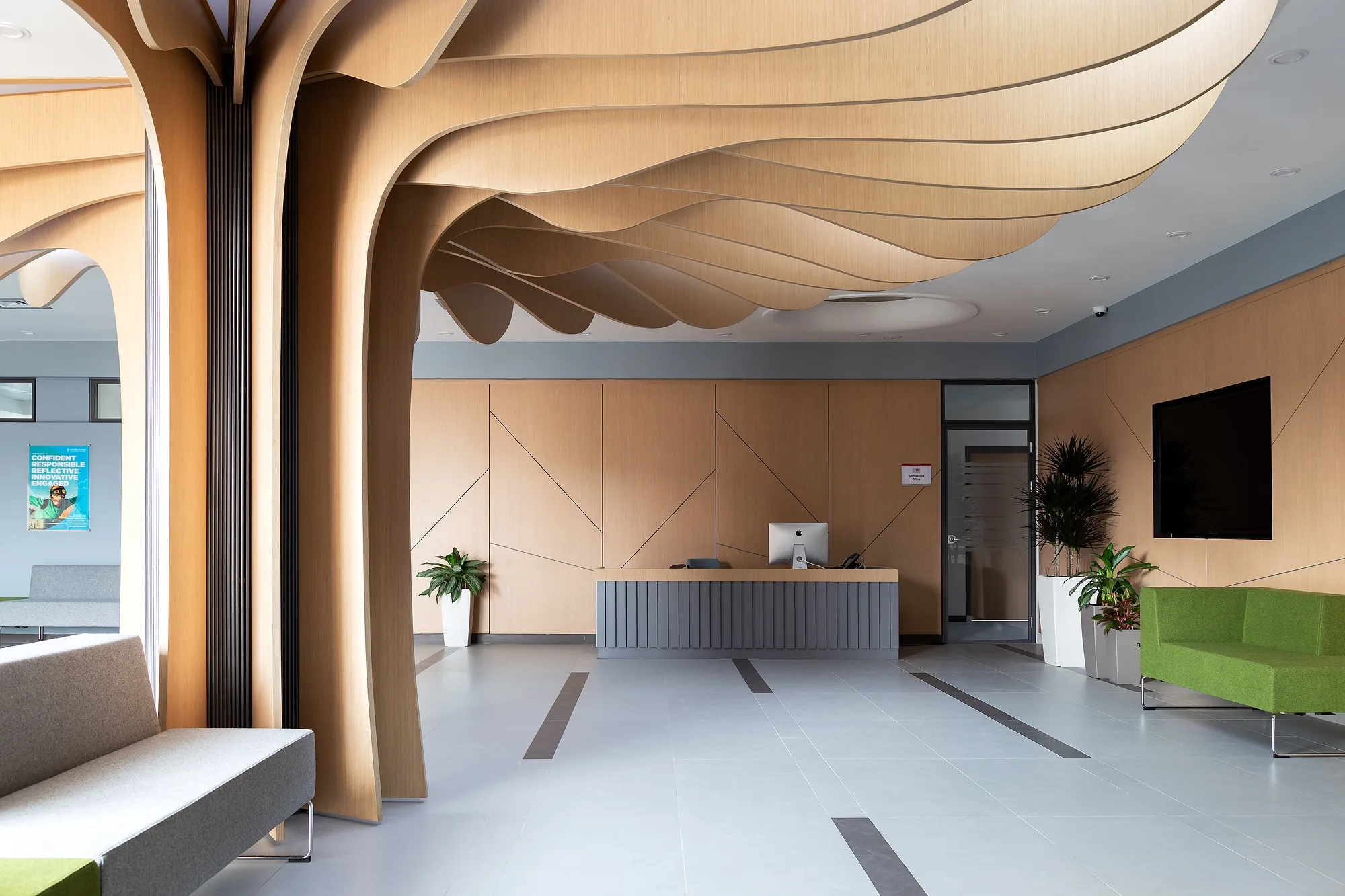 The school reception under the column canopy