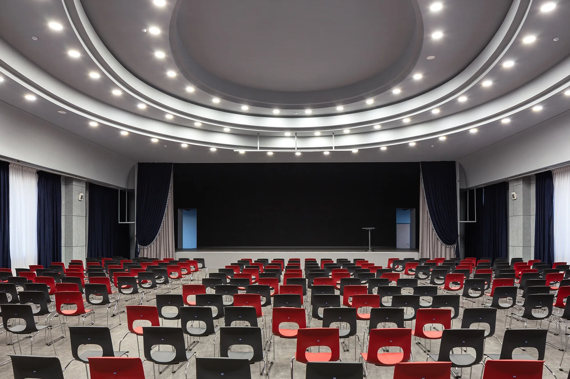 The school auditorium with its raked seating