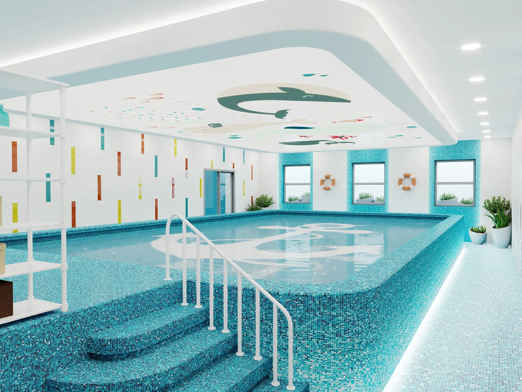 The pool with its shallow end and entry steps