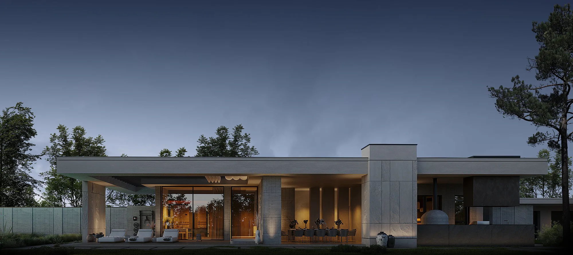Render of a country house with a summer pavilion: summer pavilion in the evening — SAD studio
