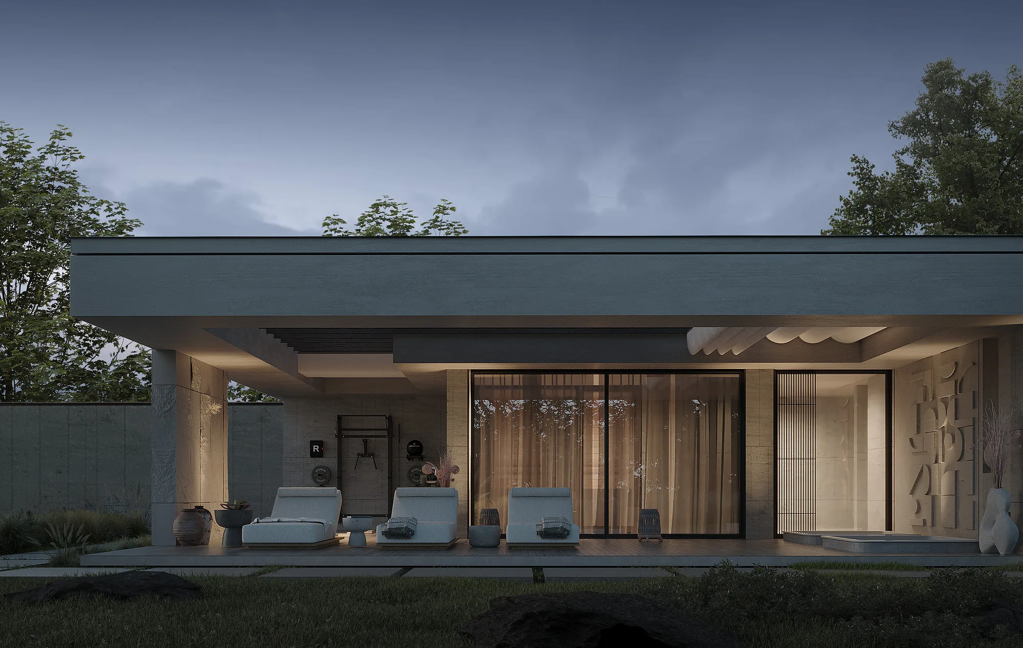 Render of a country house with a summer pavilion: pavilion terrace with loungers — SAD studio