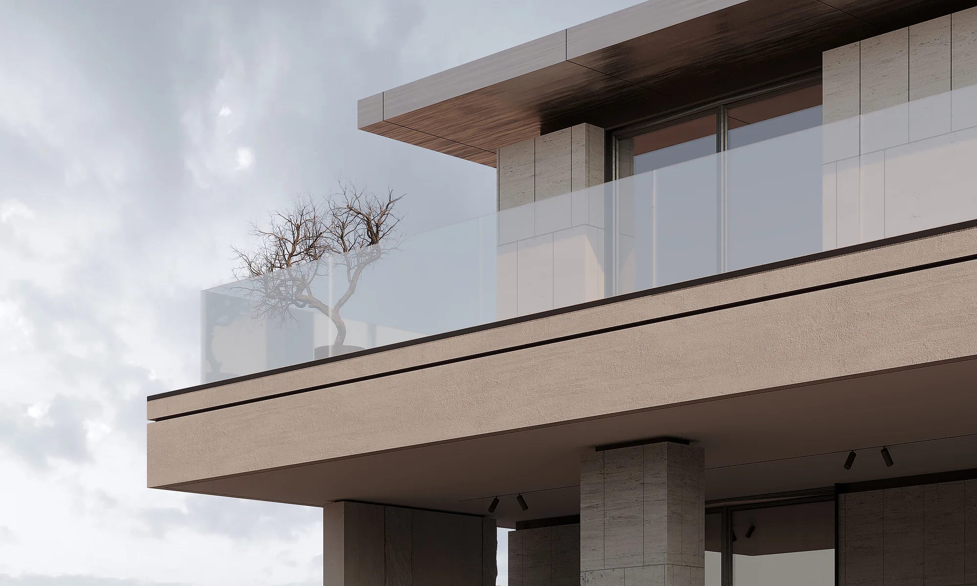 Render of a country house with a summer pavilion: roof cantilever and balcony — SAD studio