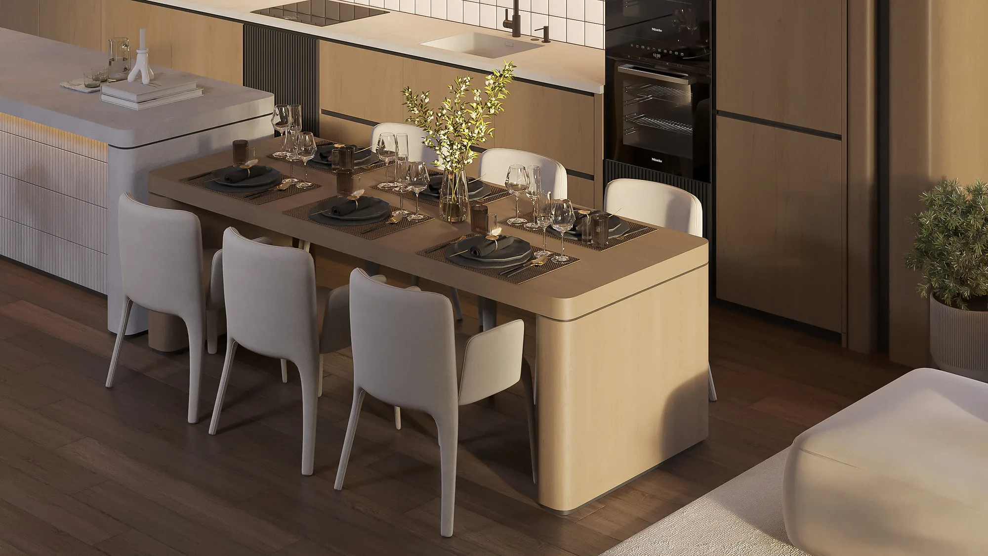 Render of a country house with a summer pavilion: dining area and kitchen — SAD studio
