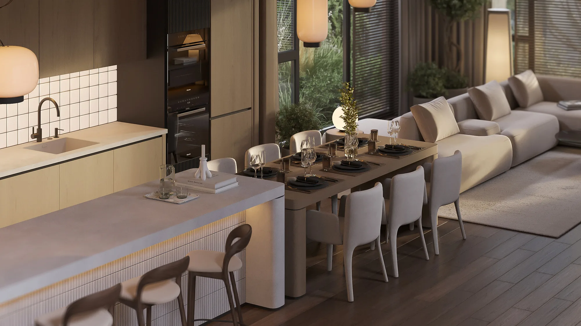 Render of a country house with a summer pavilion: kitchen-living room — SAD studio