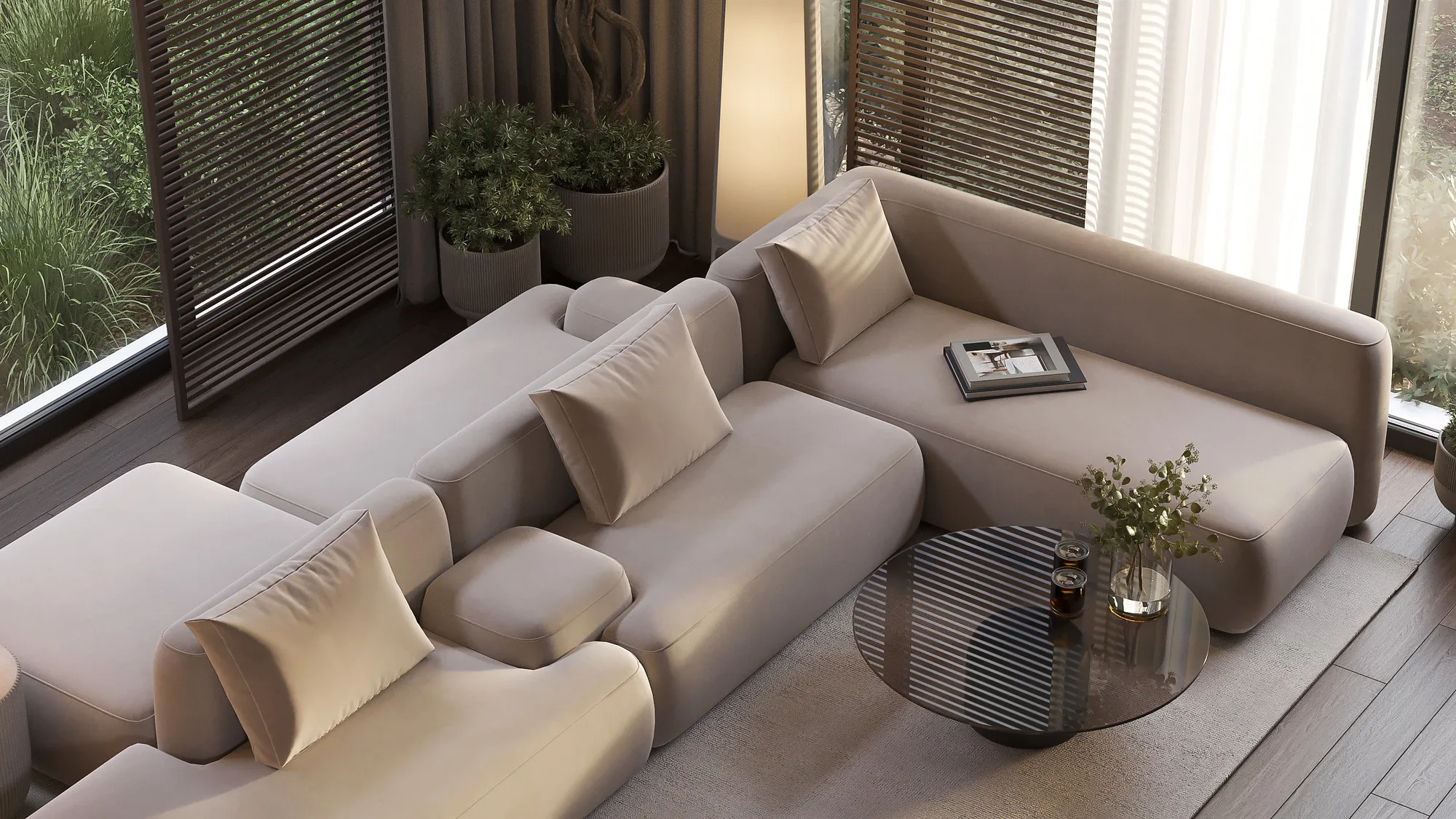 Render of a country house with a summer pavilion: sofa by the window — SAD studio