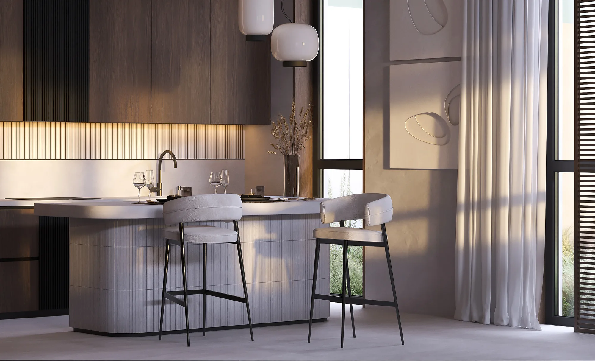 Render of a country house with a summer pavilion: summer kitchen bar counter — SAD studio