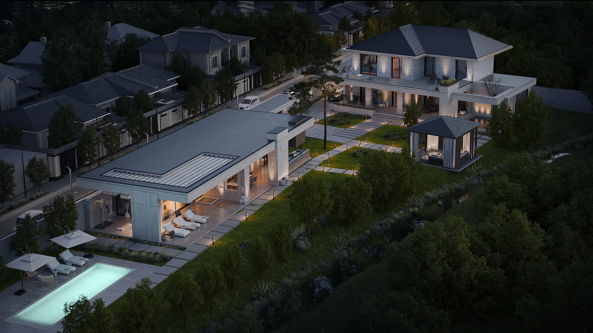 Render of a country house with a summer pavilion: top view in the evening — SAD studio