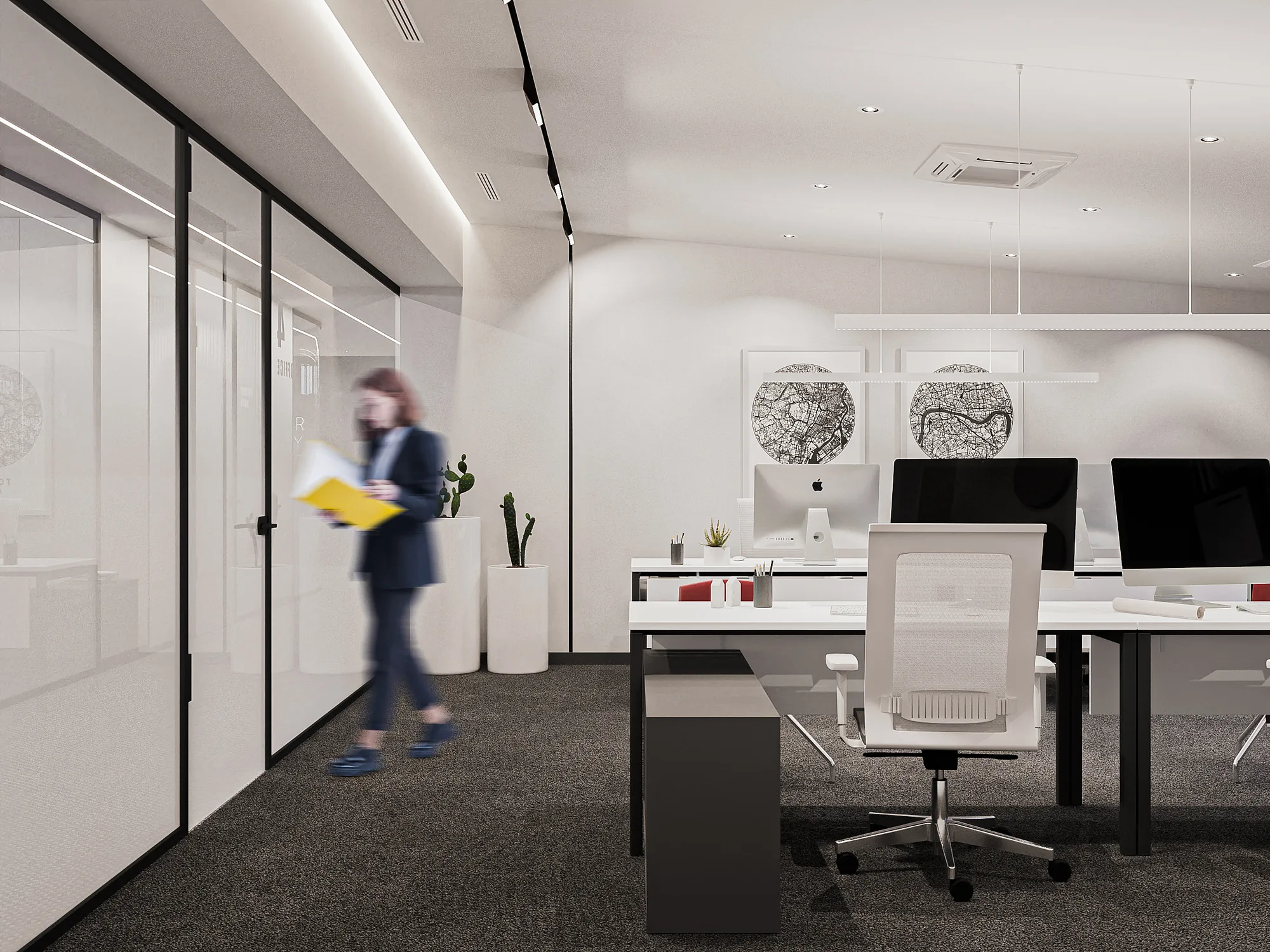 Stol qatorlari bilan ochiq ofis renderi