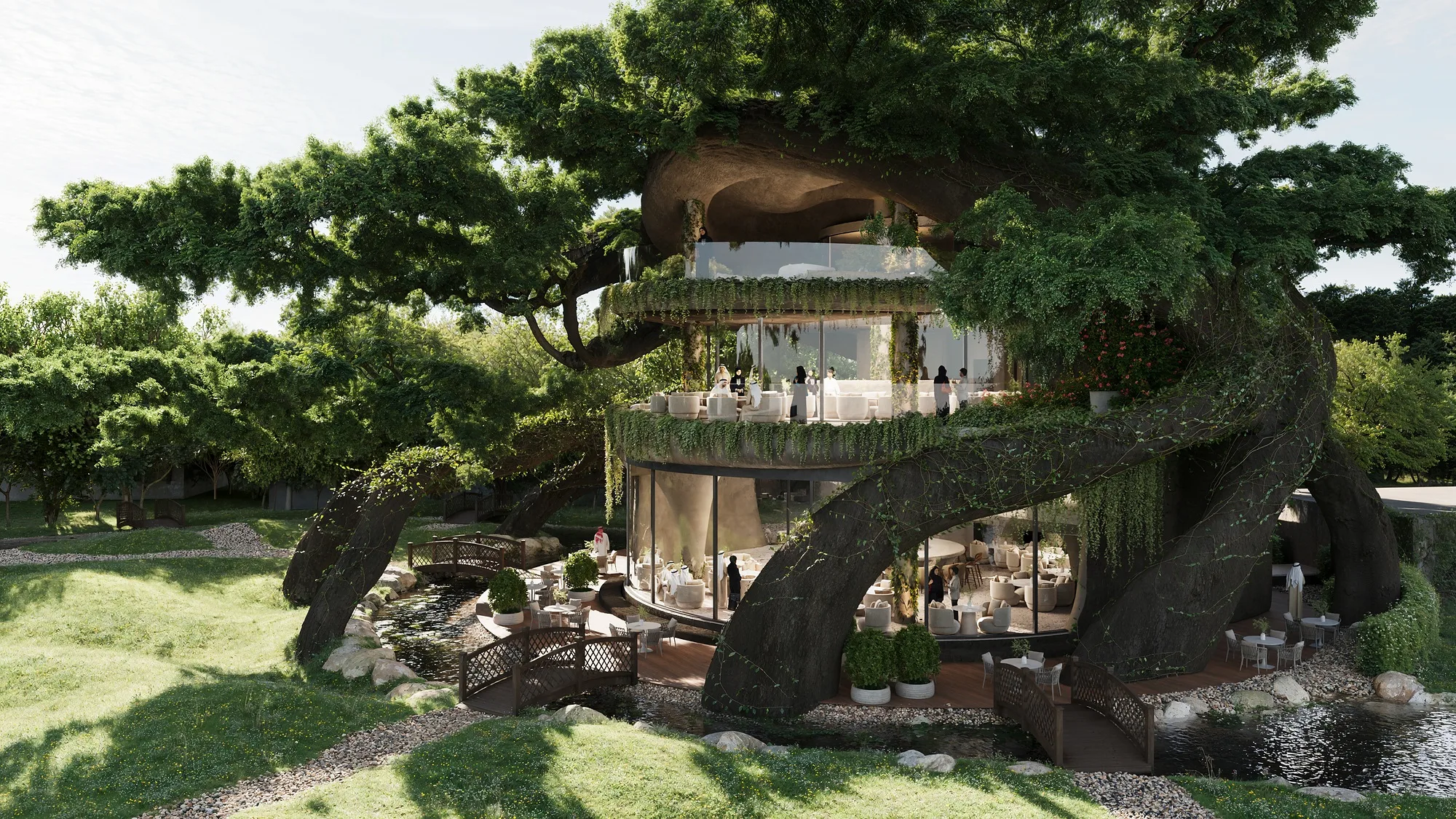 The building with its planting-wrapped terraces