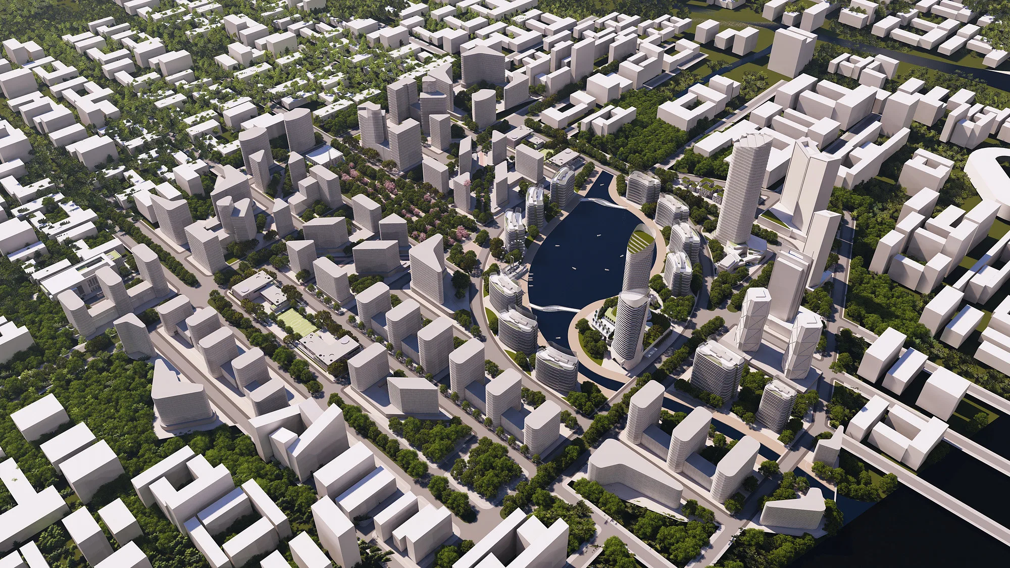 A district masterplan from above: the water body and the planning structure