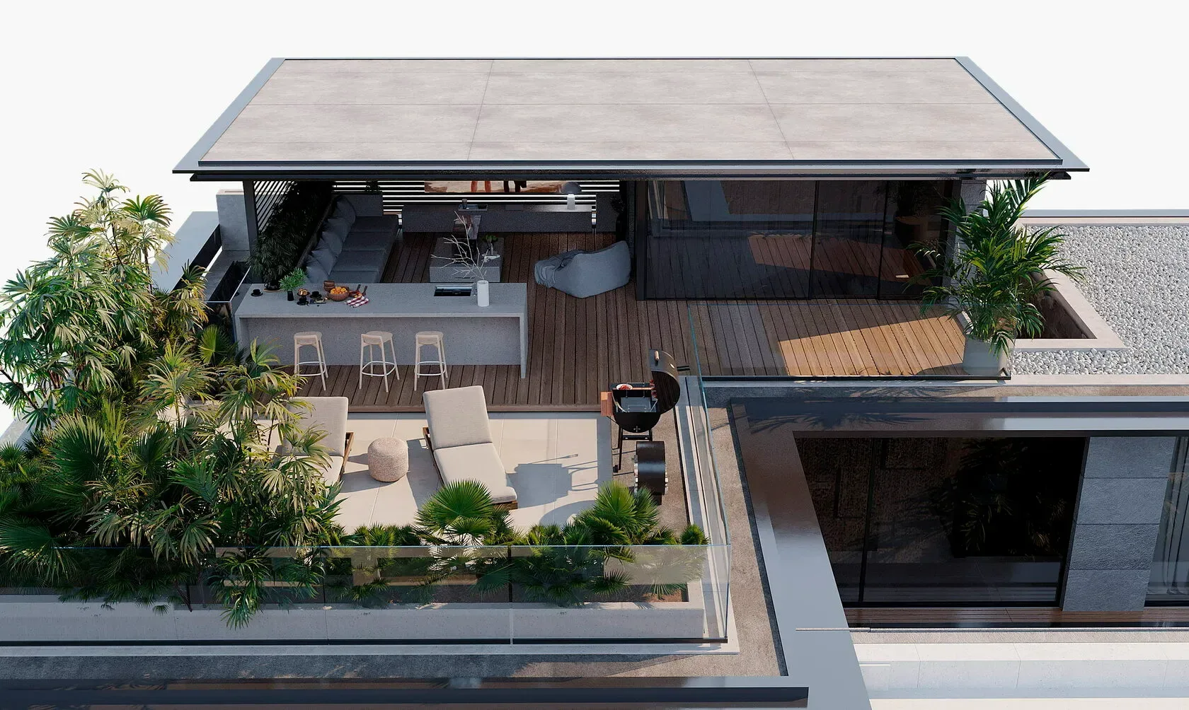 A public space under a timber canopy with planting