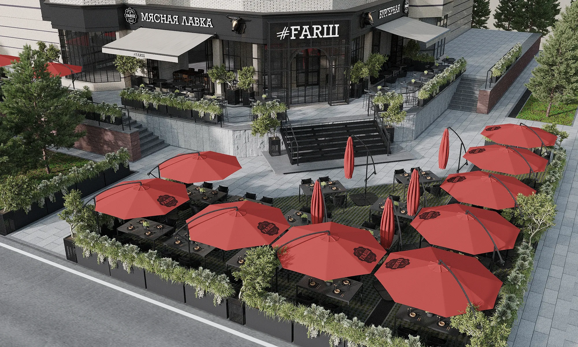 Farsh by Arkady Novikov restaurant in Tashkent: the terrace with red parasols and the butcher-shop and #FARSH signage on the facade — SAD studio