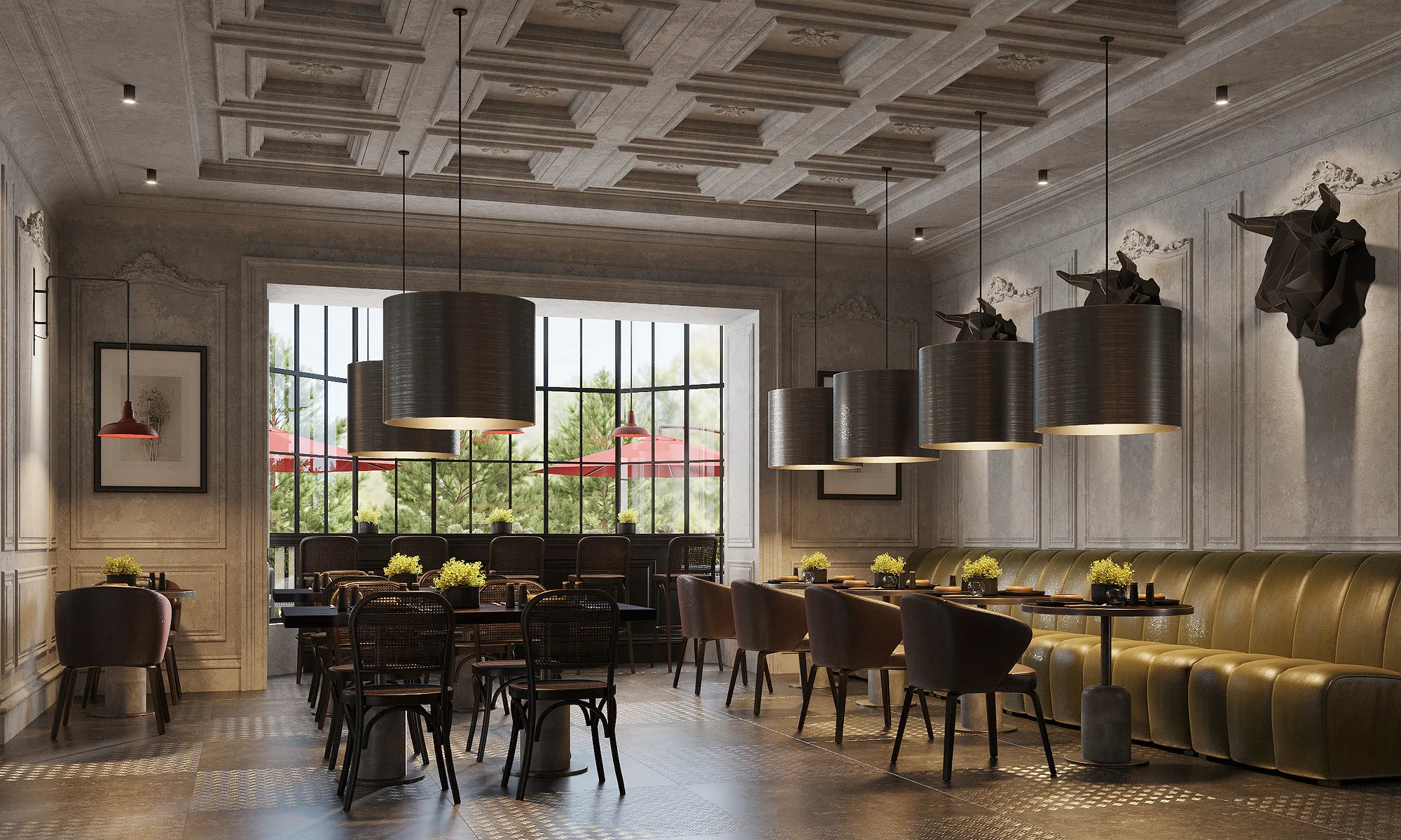 Farsh dining room in Tashkent with the banquette: green leather, drum pendants and a moulded ceiling — SAD studio