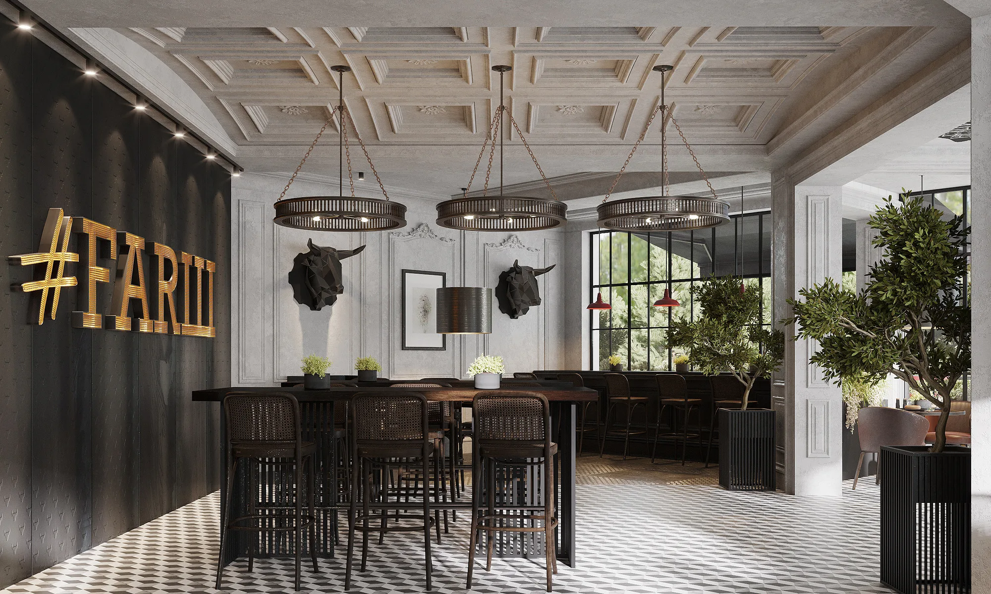 Farsh hall in Tashkent with the brand mark on a dark wall: high tables, mouldings and bull heads — SAD studio