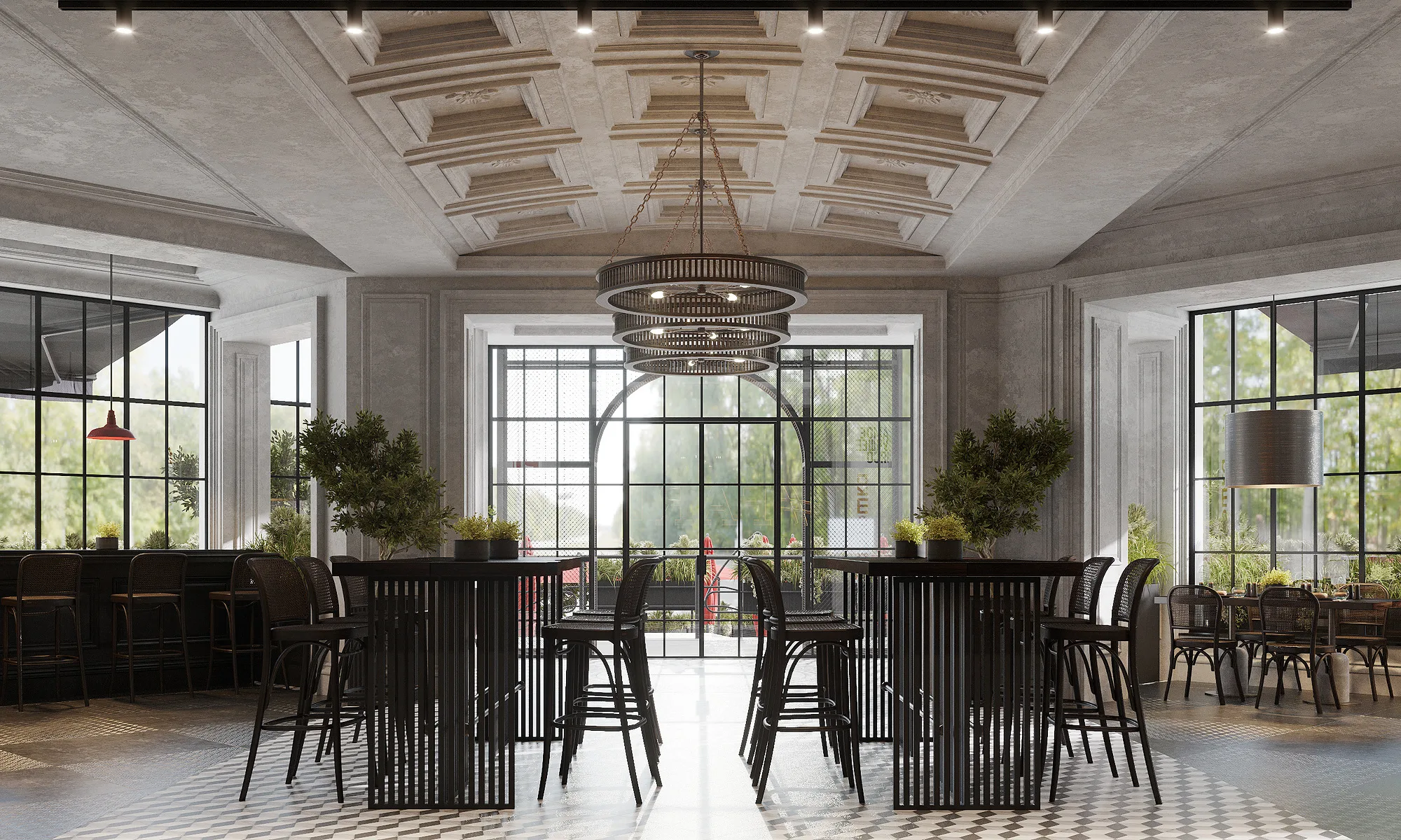 Farsh hall in Tashkent towards the arched window: bar seating at the counter and daylight from the street — SAD studio