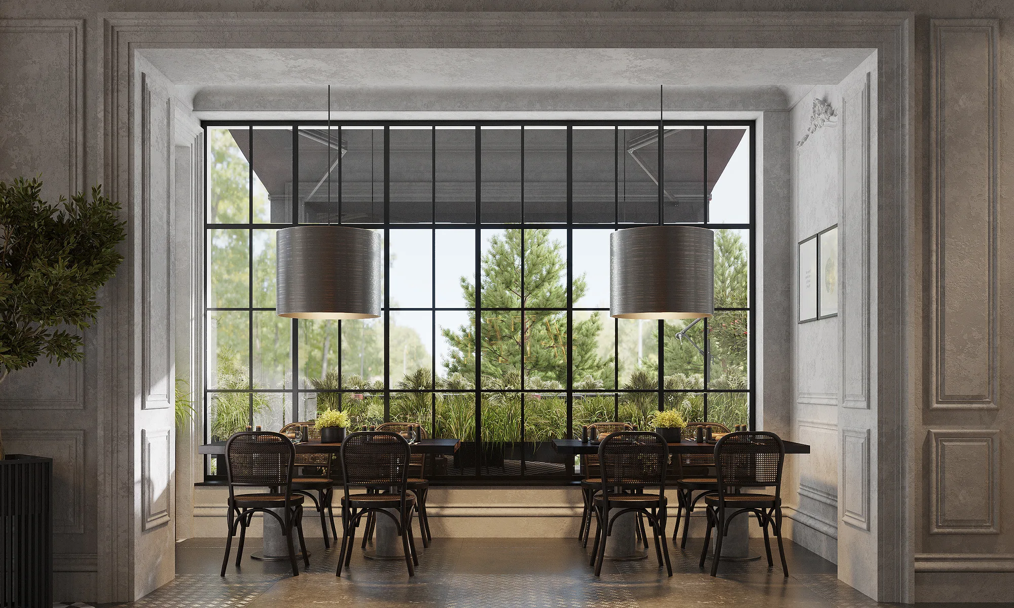 Communal table by the window at Farsh in Tashkent: a long table under two drum pendants and full-wall glazing — SAD studio