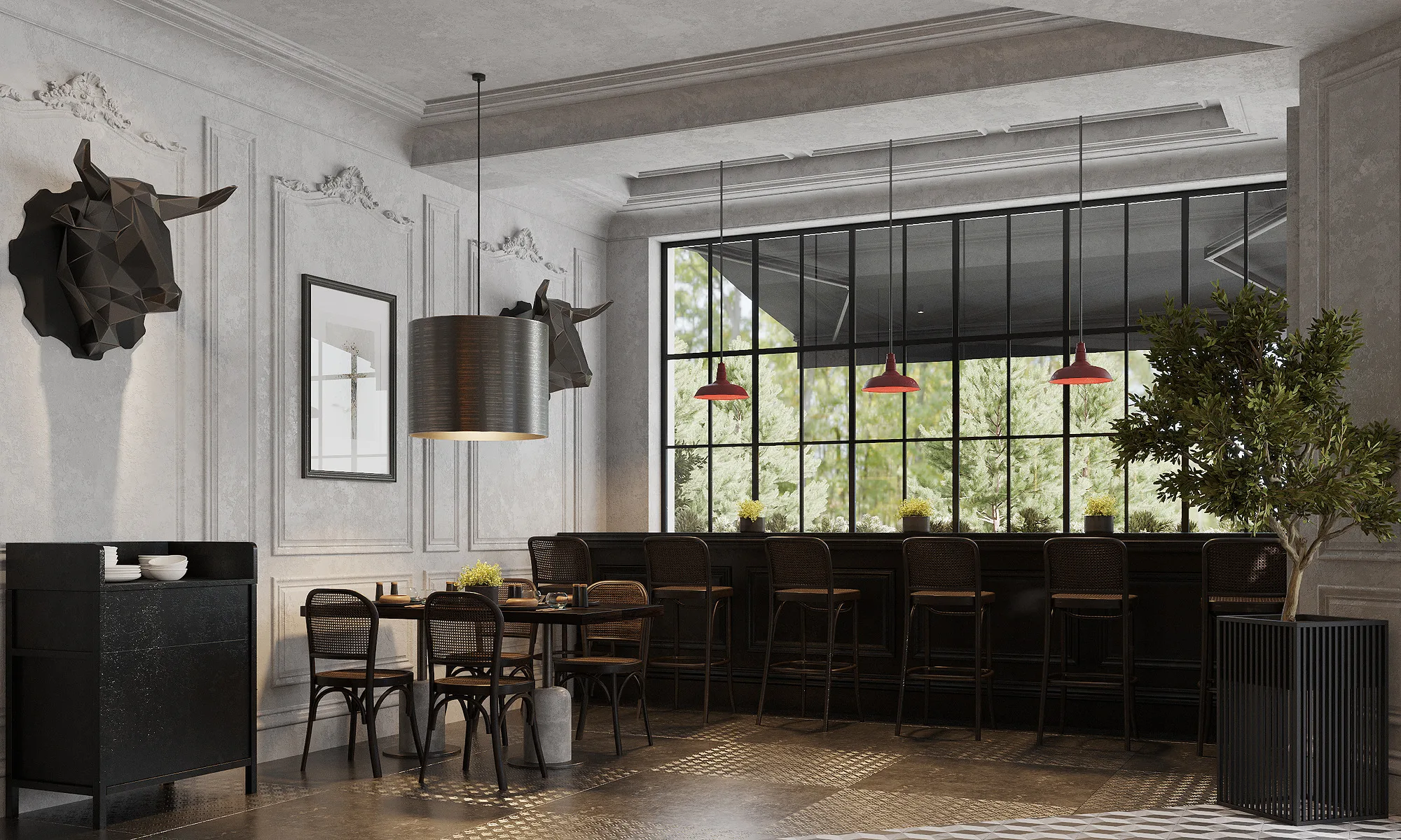 Bar corner at Farsh in Tashkent: a sculptural bull head above the counter and dark timber panelling — SAD studio
