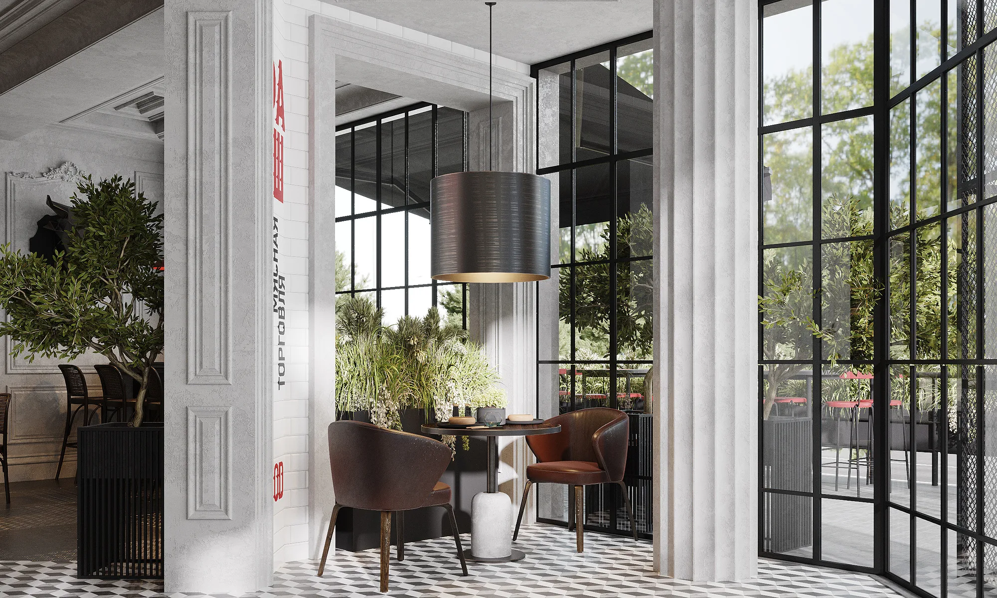 Lounge at Farsh in Tashkent: soft armchairs by the window, round tables and a large plant — SAD studio