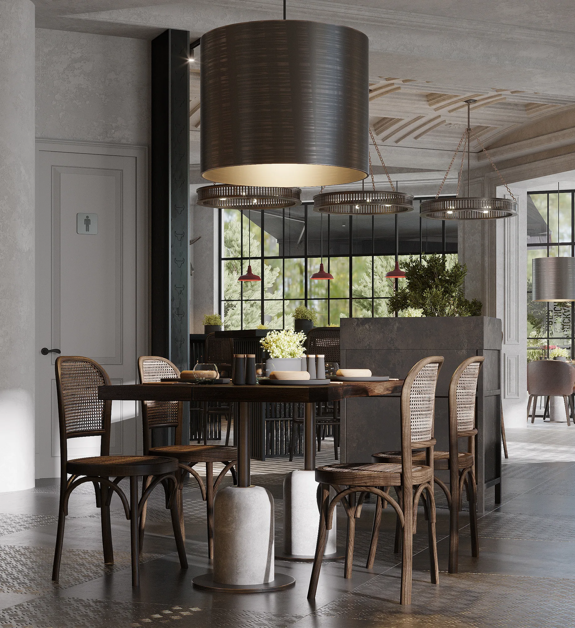 Window table at Farsh in Tashkent: bentwood chairs, a banquette and a drum pendant above — SAD studio