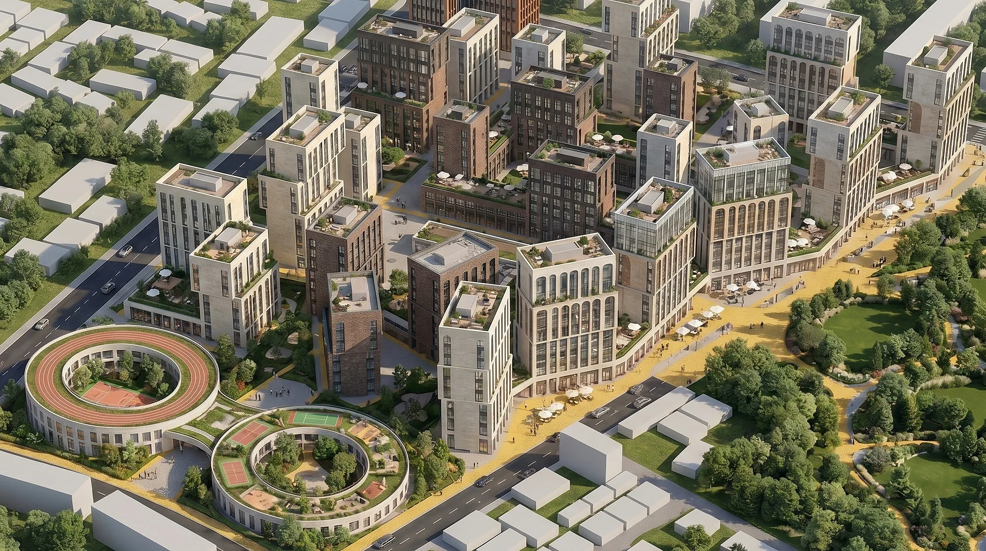 The Abdurauf Fitrat mahalla from above: the circular school with its running track, brick and pale blocks, courtyards and a park