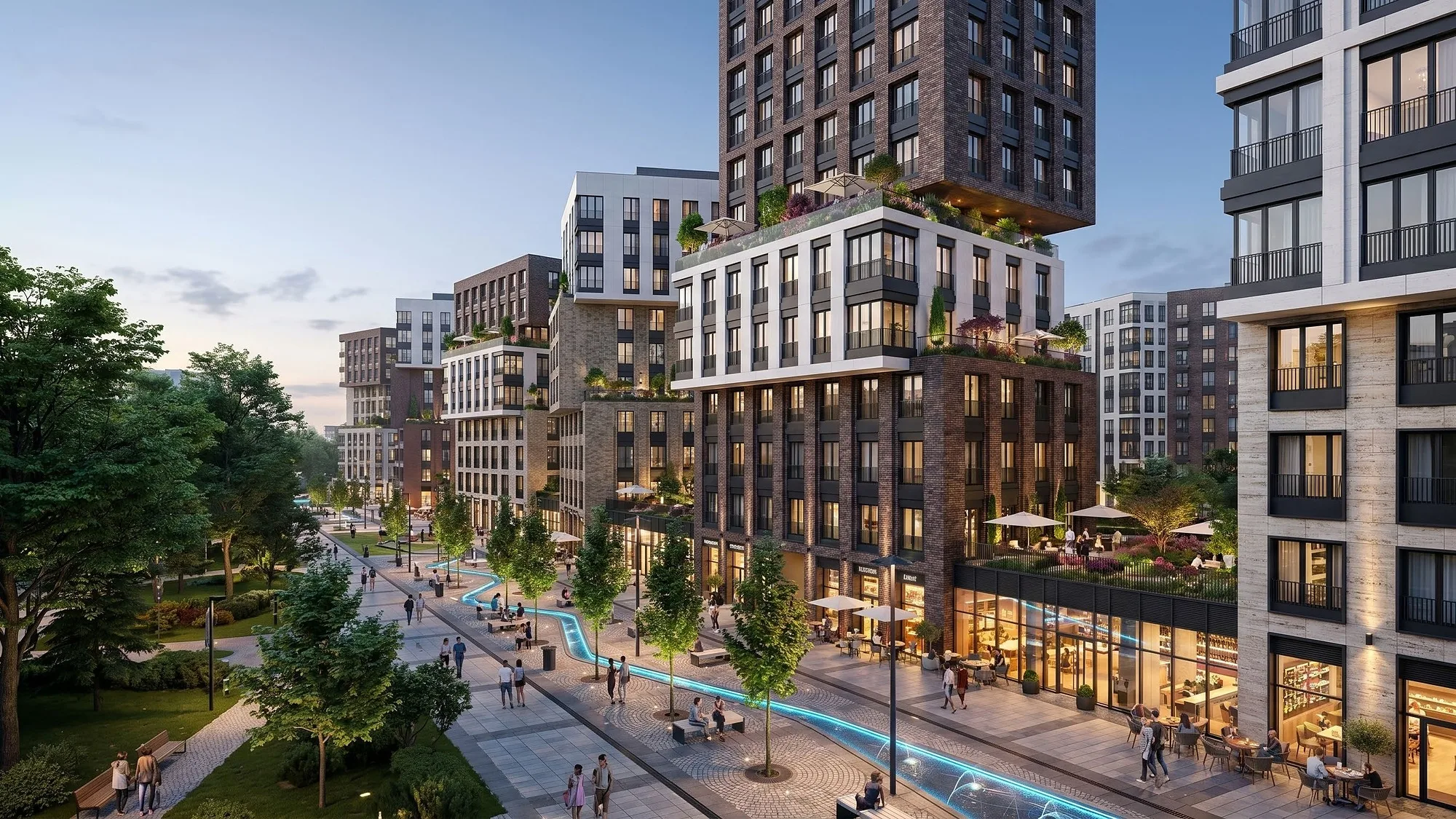 The boulevard: cafes and shops on the ground floor, parking taken underground