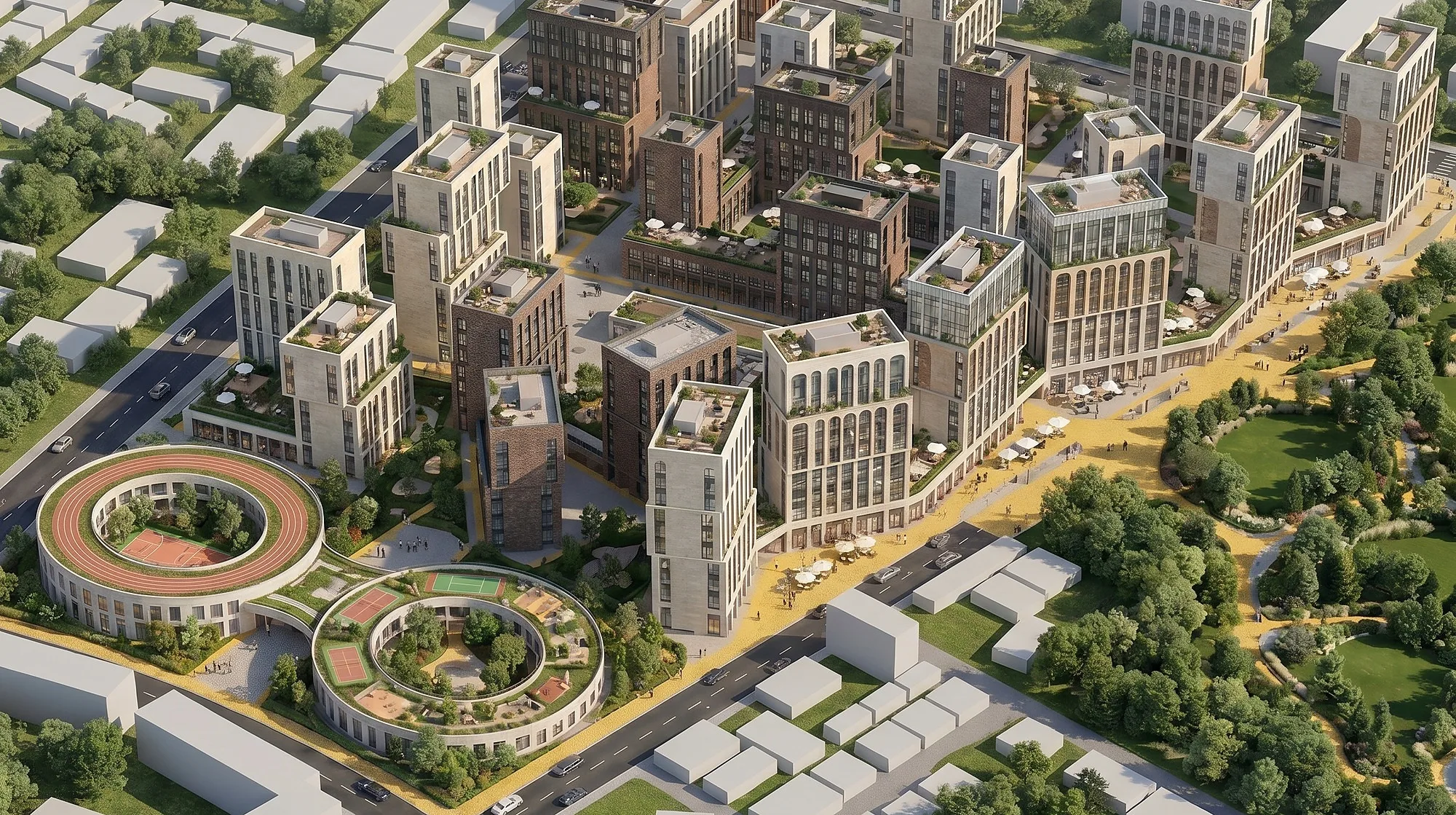 The quarter from above: the circular school at the centre of the development