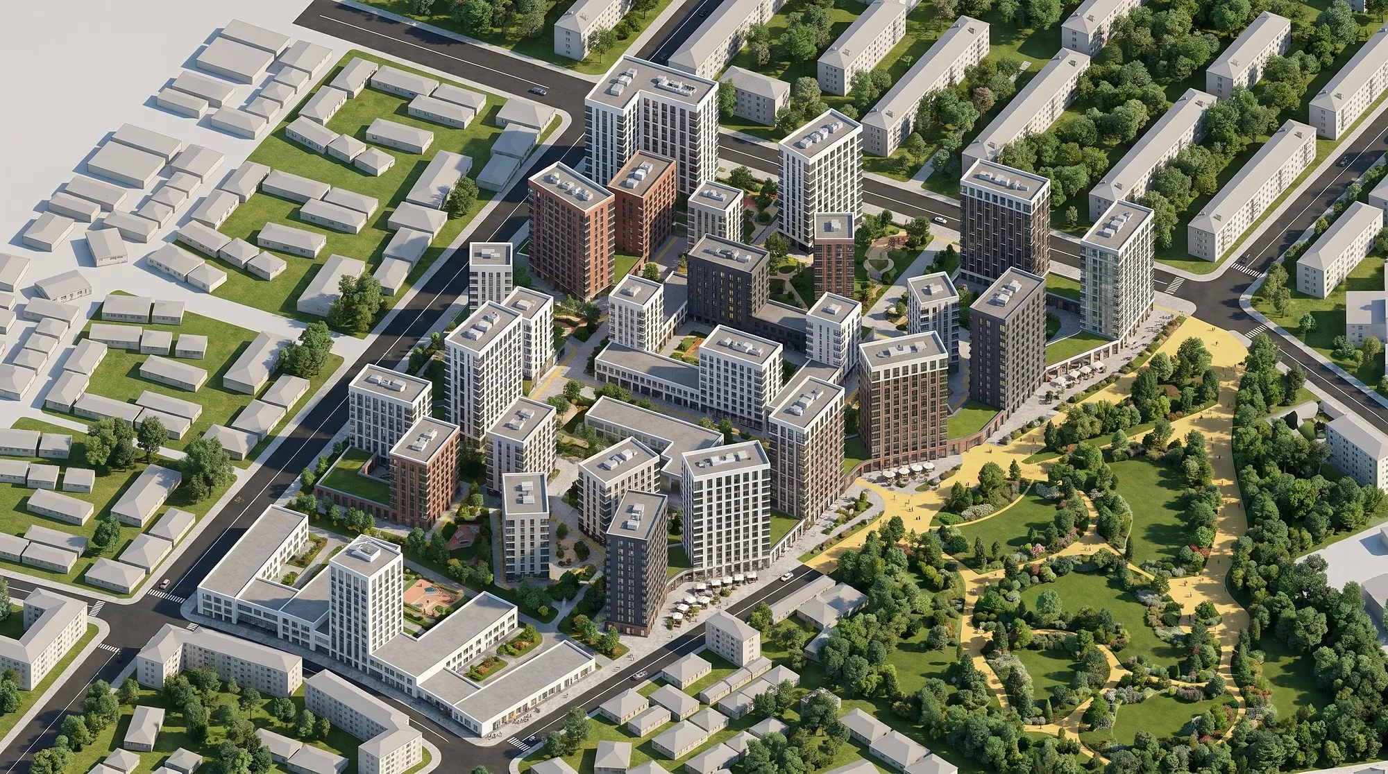 Panorama of the quarter: the ring-shaped school, the courtyards and the boulevard