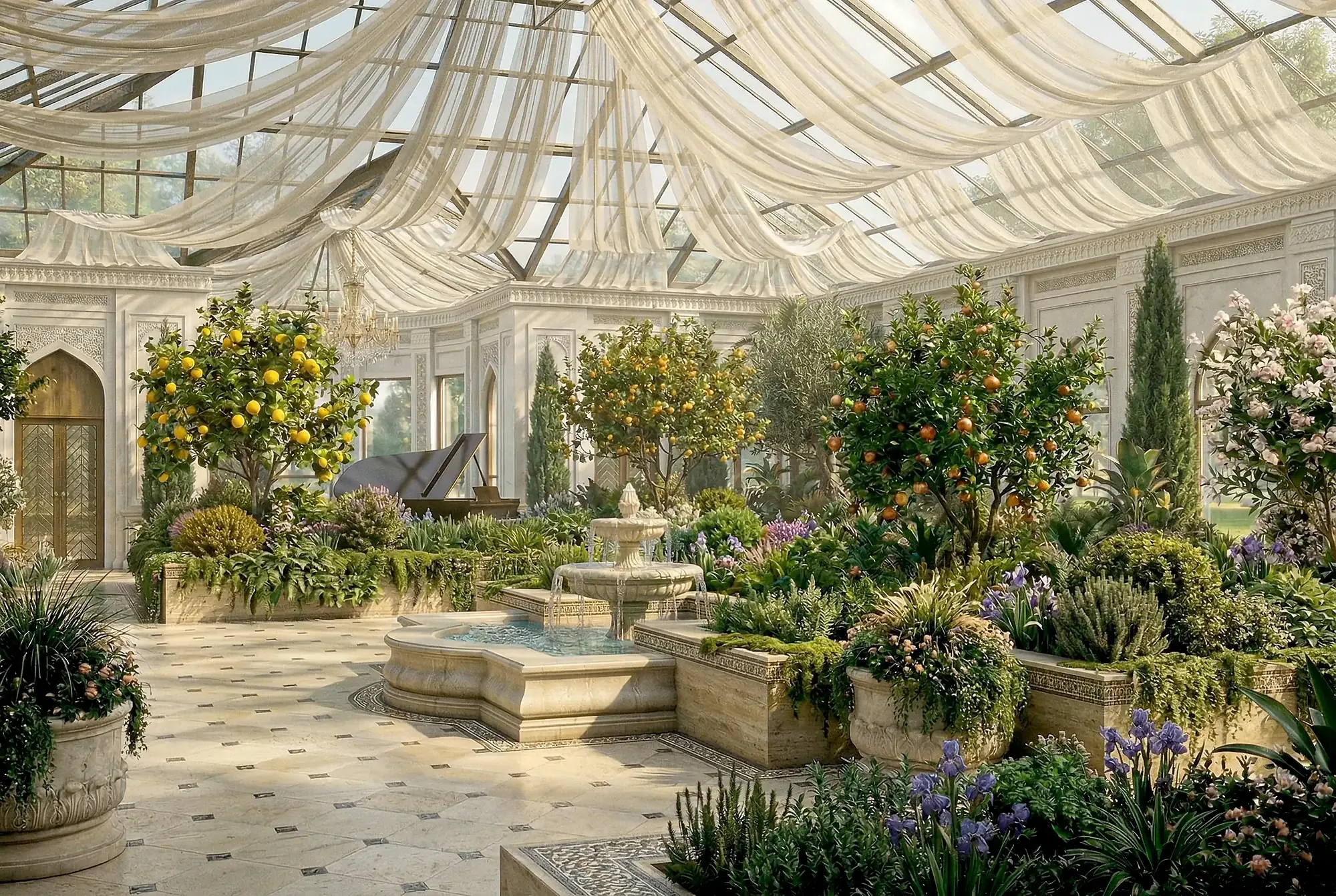 The conservatory under its glass roof: citrus trees and a fountain