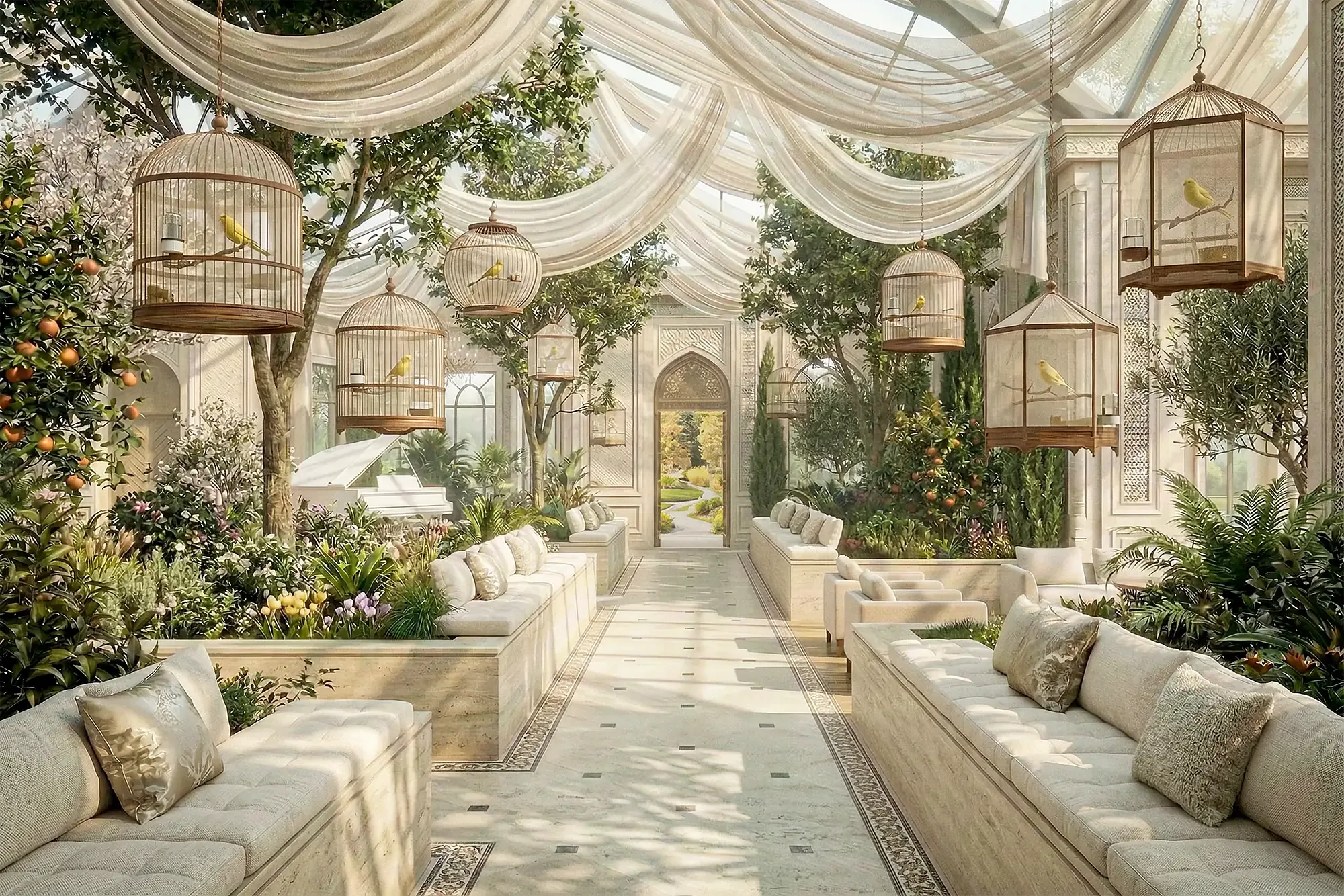 The conservatory path between the planting, birdcages overhead