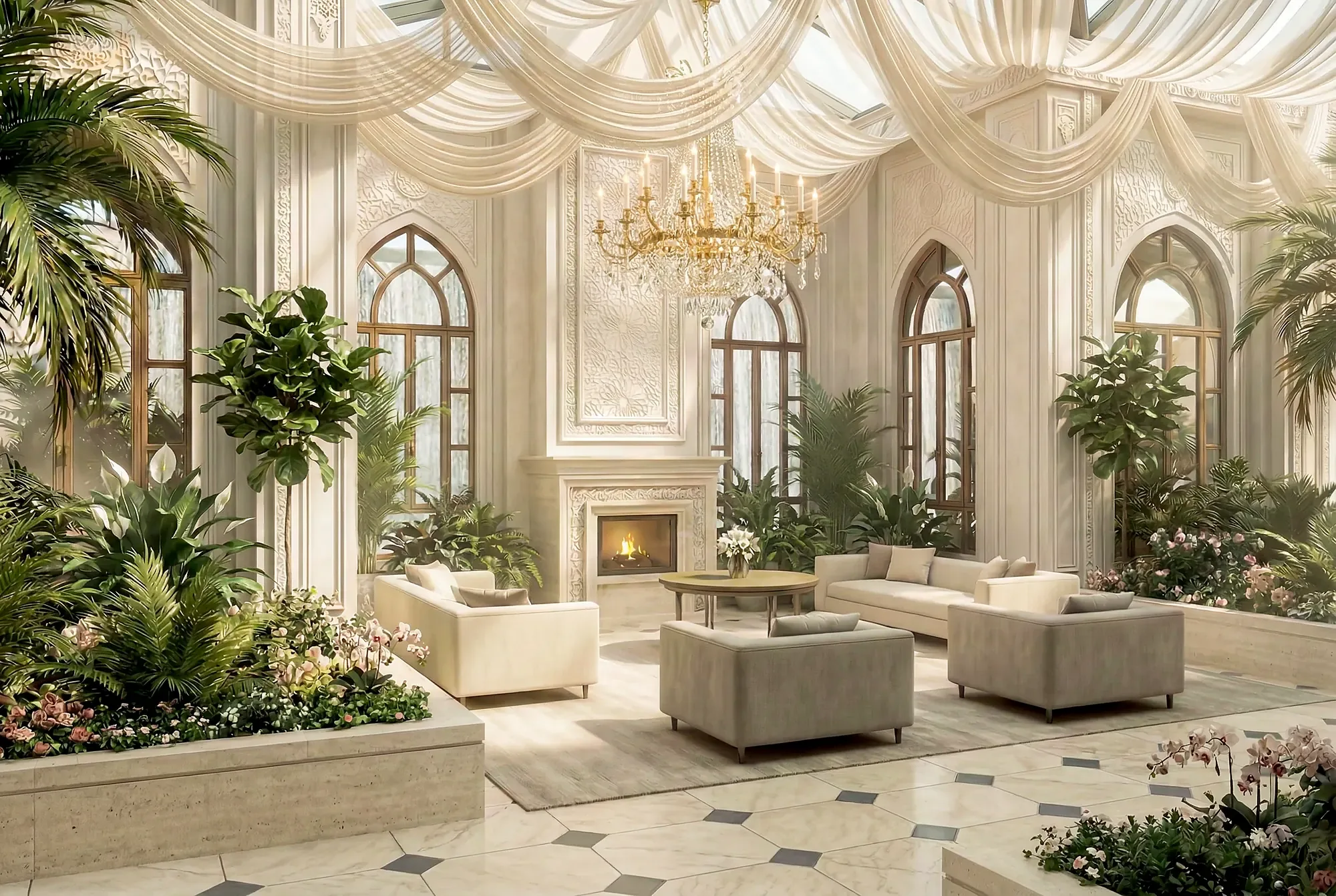 The conservatory seating area with its fireplace and upholstery