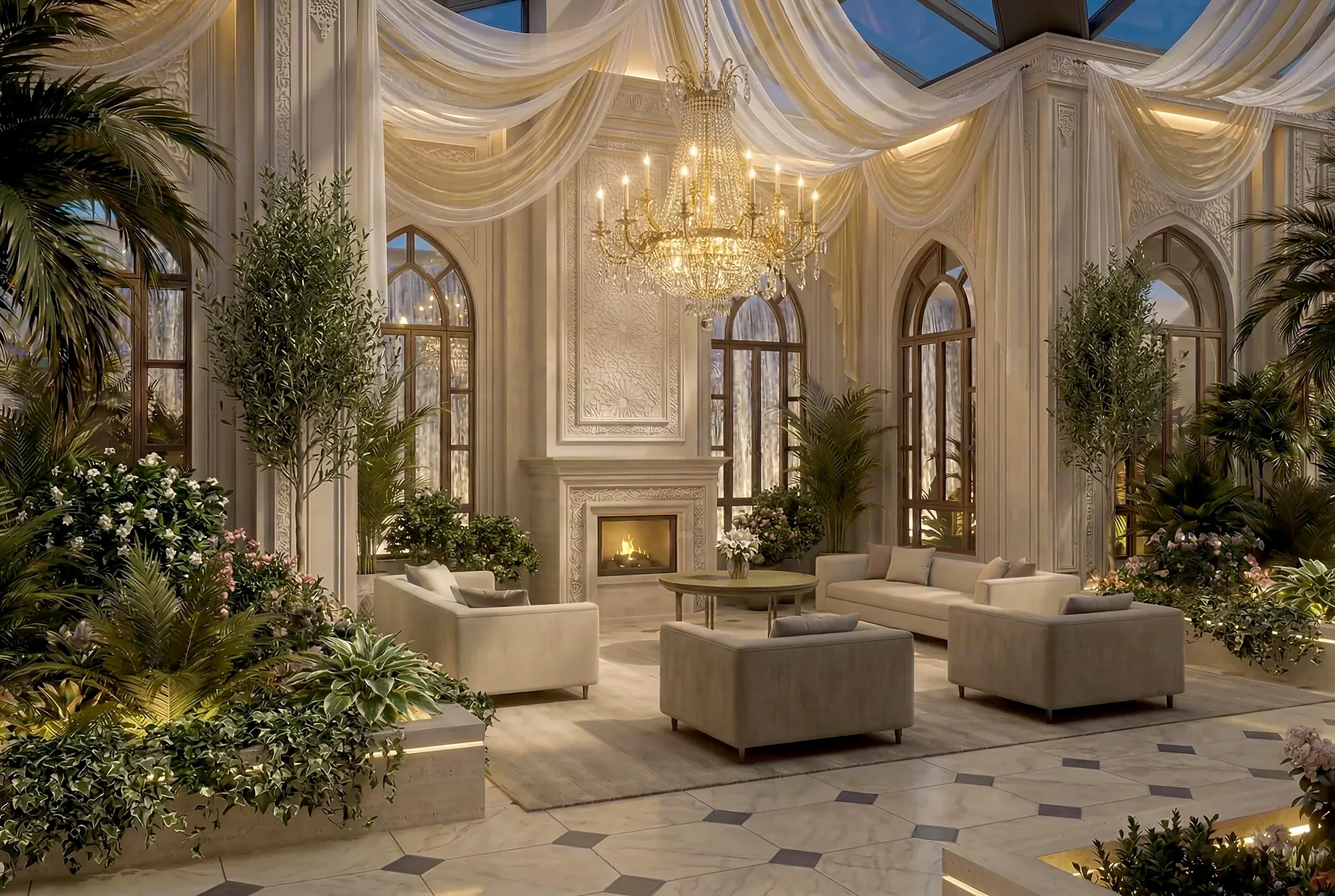 The conservatory in the evening, looking to the seating area