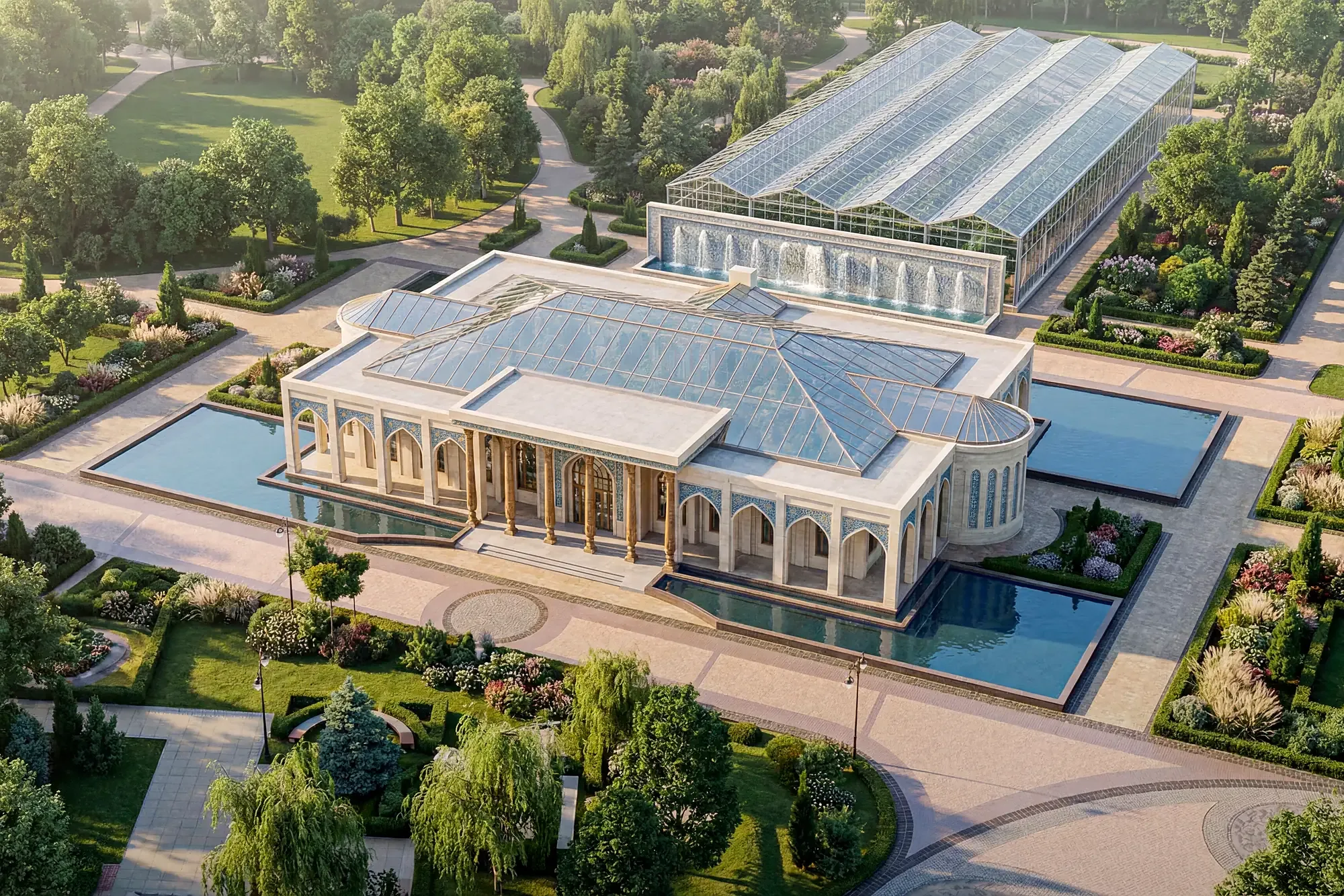 The pavilion from above: the building, the conservatory and the formal park