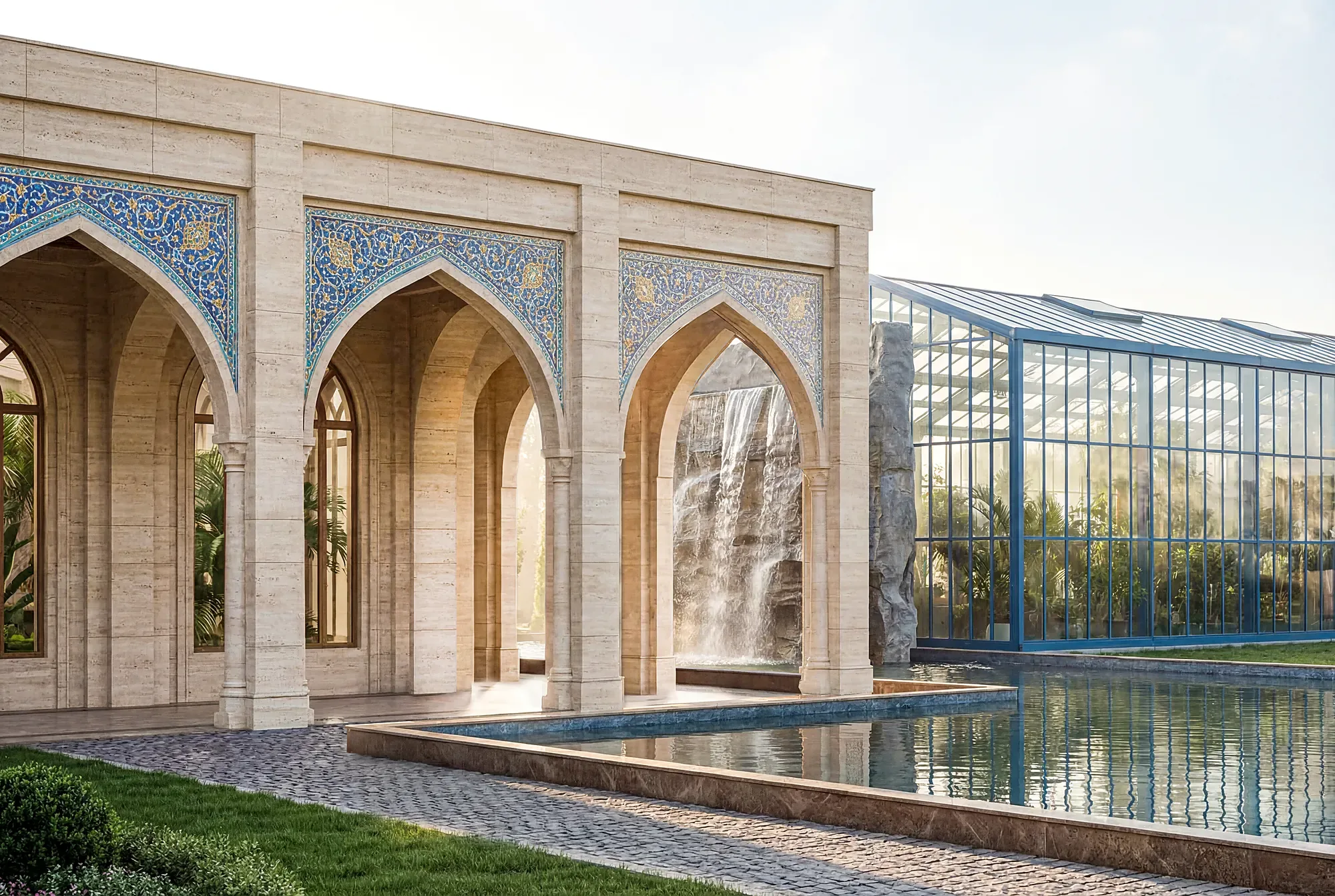 The pointed arches with majolica and the glass body of the conservatory