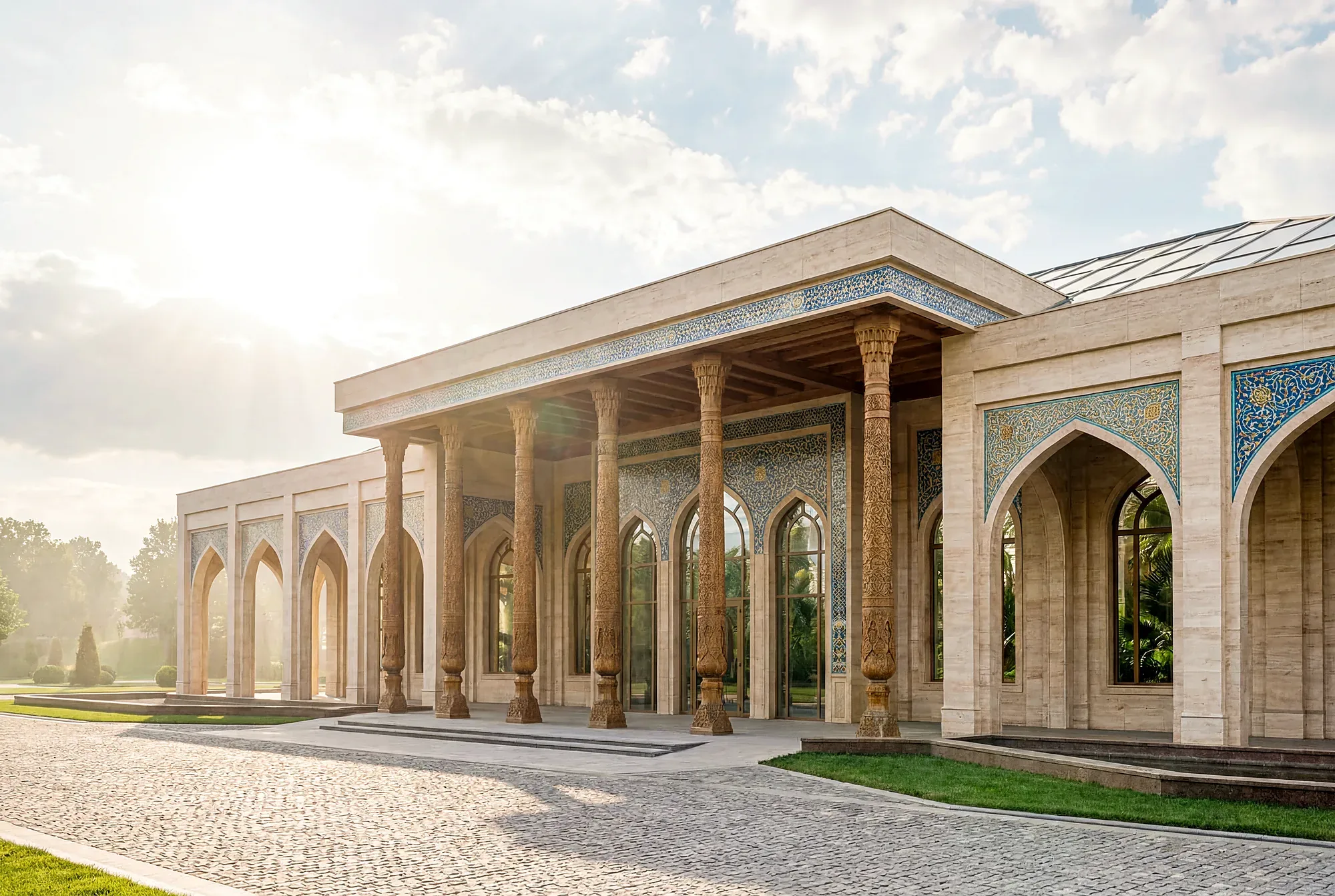 The ayvan with its carved columns along the facade