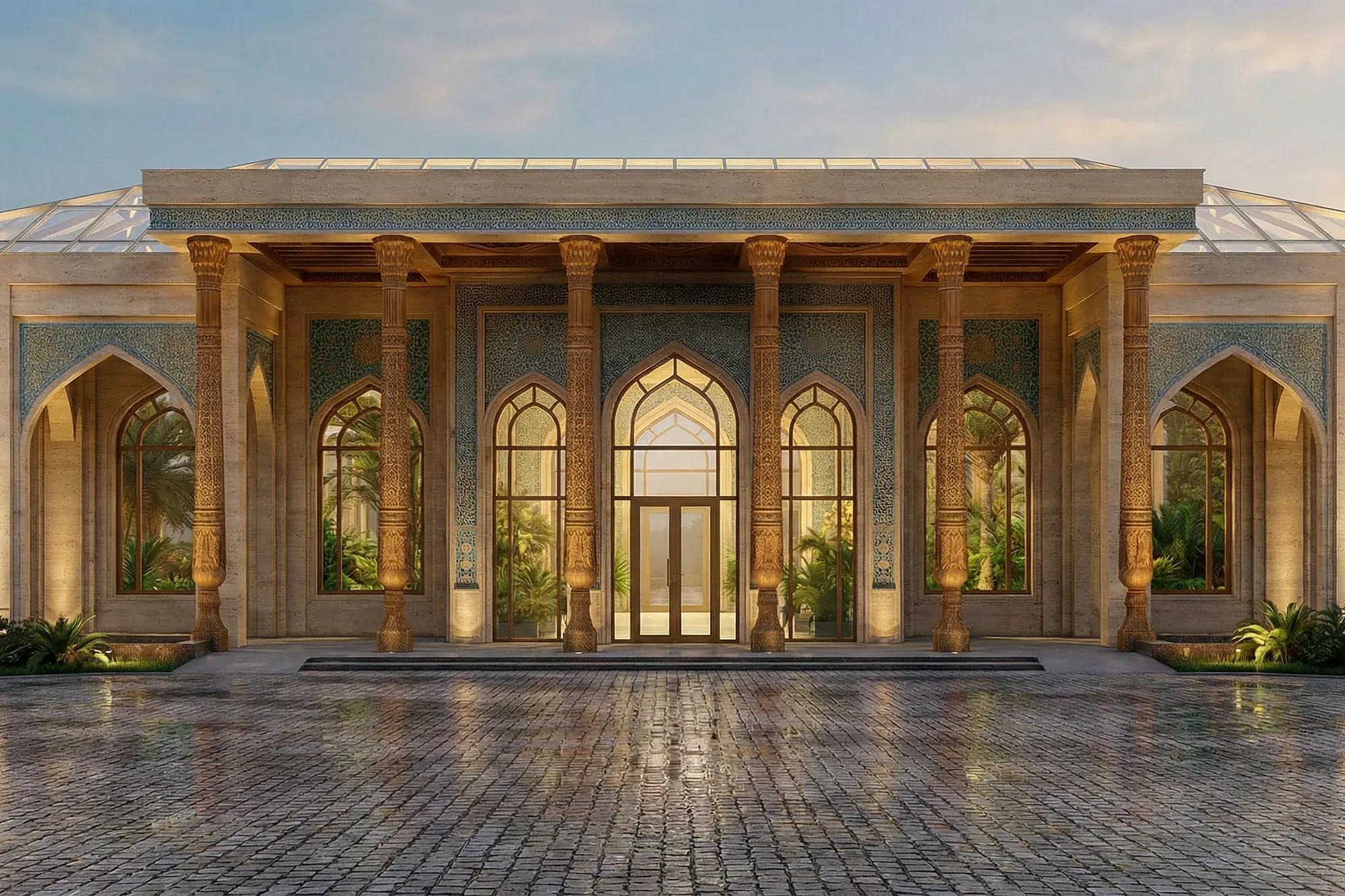 Formal reception complex in Uzbekistan: main entrance with a majolica portal, colonnade and paved forecourt — SAD studio