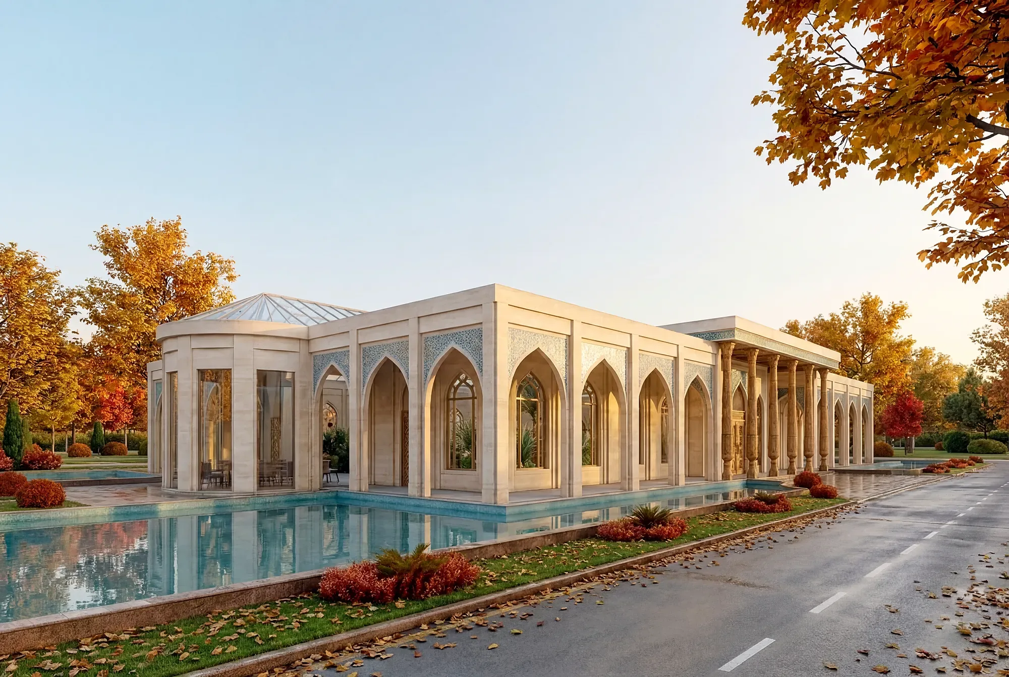 The pavilion in autumn: colour along the water