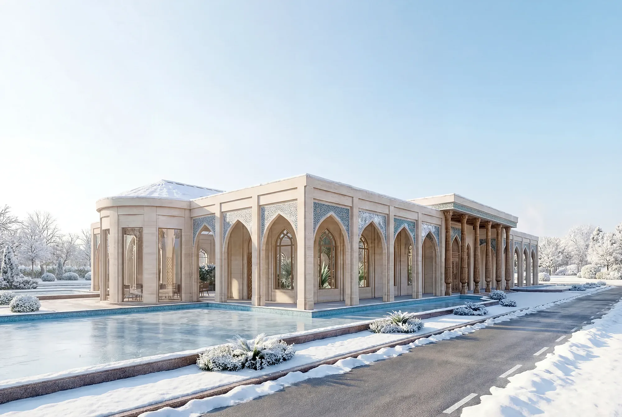 The pavilion in winter: snow on the parterre and the open frame of the garden