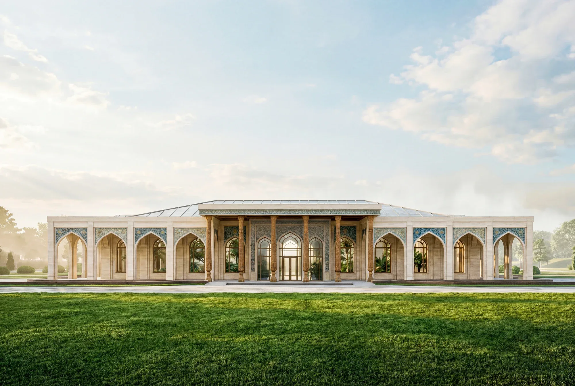 A pavilion with an arched gallery on landscaped grounds in daylight